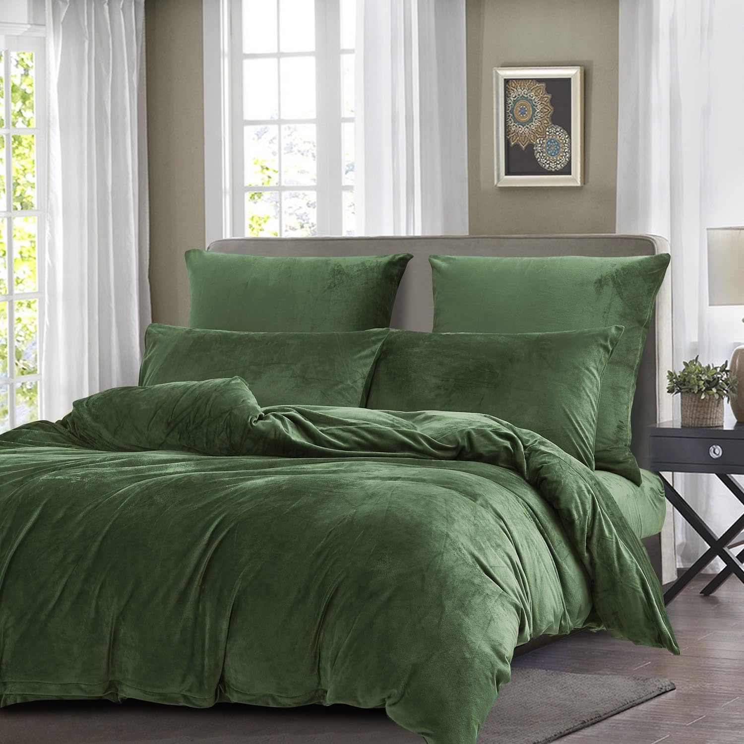 Copripiumino invernale 240 x 260 caldo flanella al tatto cashmere, in morbido velluto verde salvia con cerniera, biancheria da letto matrimoniale con 2 federe 65 x 65 cm