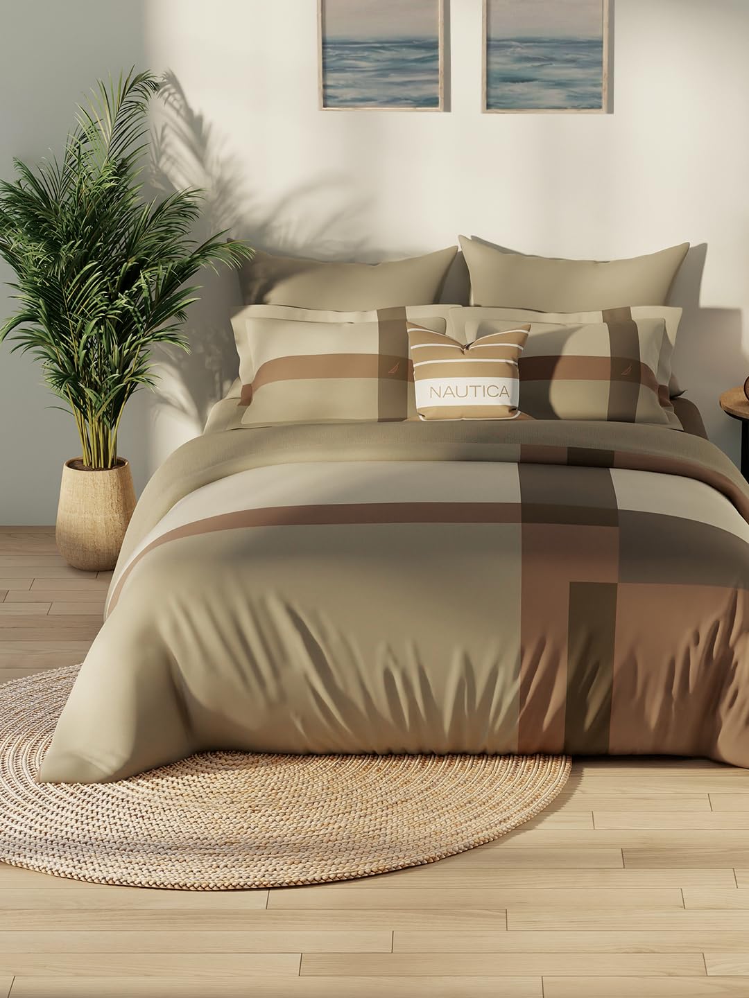NAUTICA Luxurious 100% Egyptian Satin Cotton King Bedsheet with 2 Pillow Covers -3pc Set (Royal Cove 400) | 500 TC | Extra Soft Feel Geometric-Beige/Multi-image-44