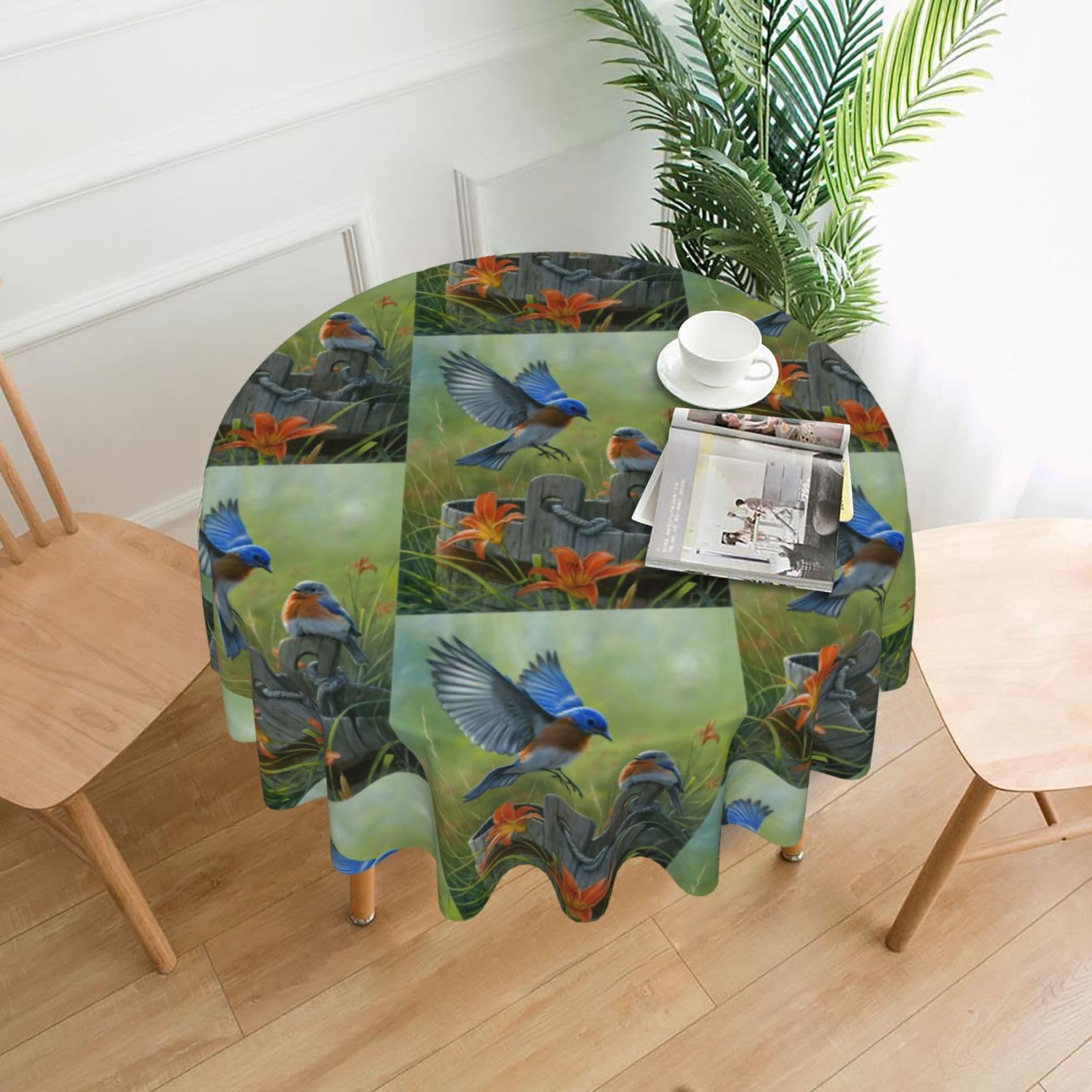 Zcmkjlg Eastern Blue bird Print Quick Ship Round Tablecloth 60in Polyester Washable Cover for Dining Room
