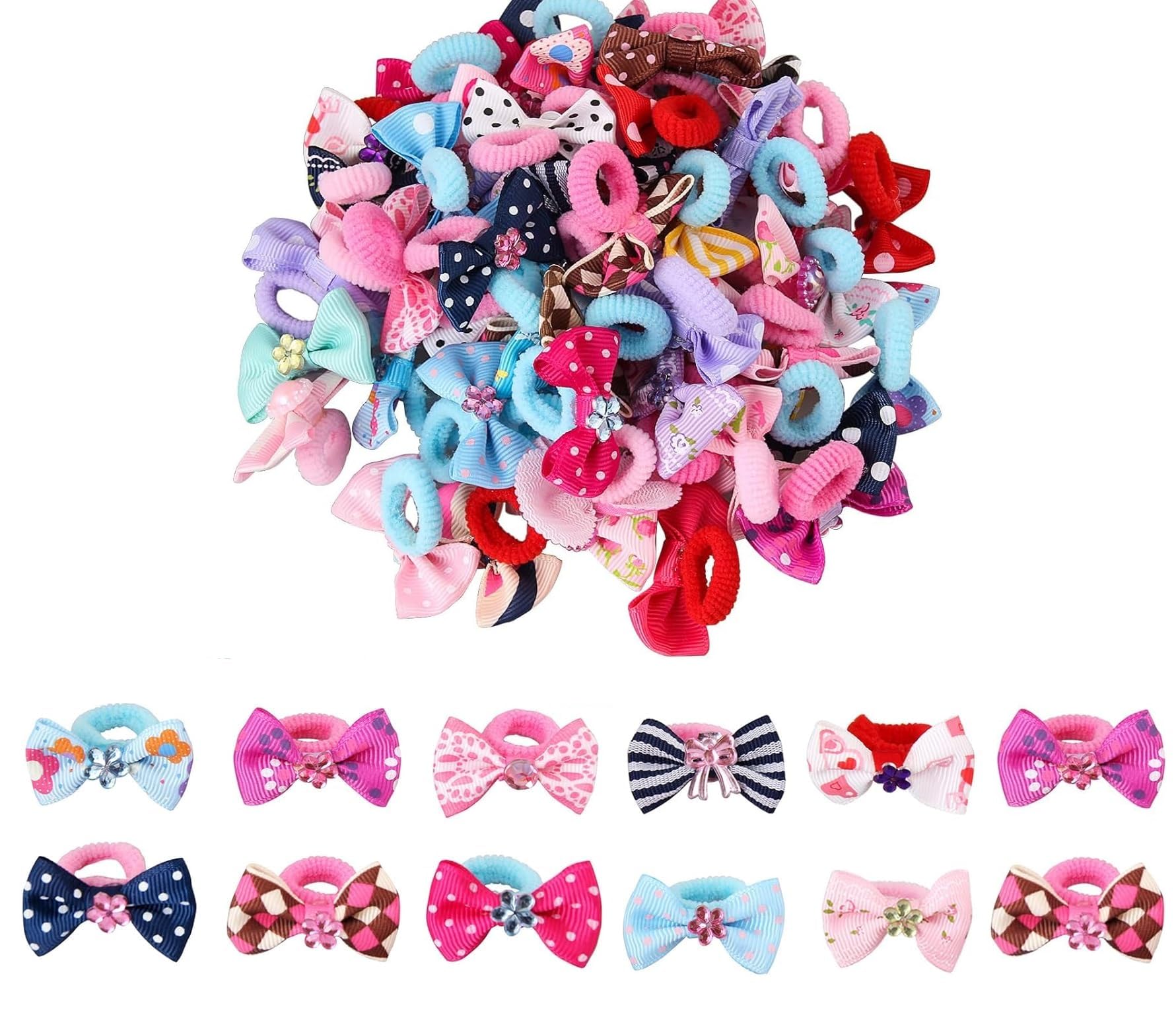 15 PCS 2 Inches Baby Girls Hair Bows Ties || Elastic Hair Rubber Ribbon Hair Band || Multi-colored for kids infants and toddler (Printed)-image-38