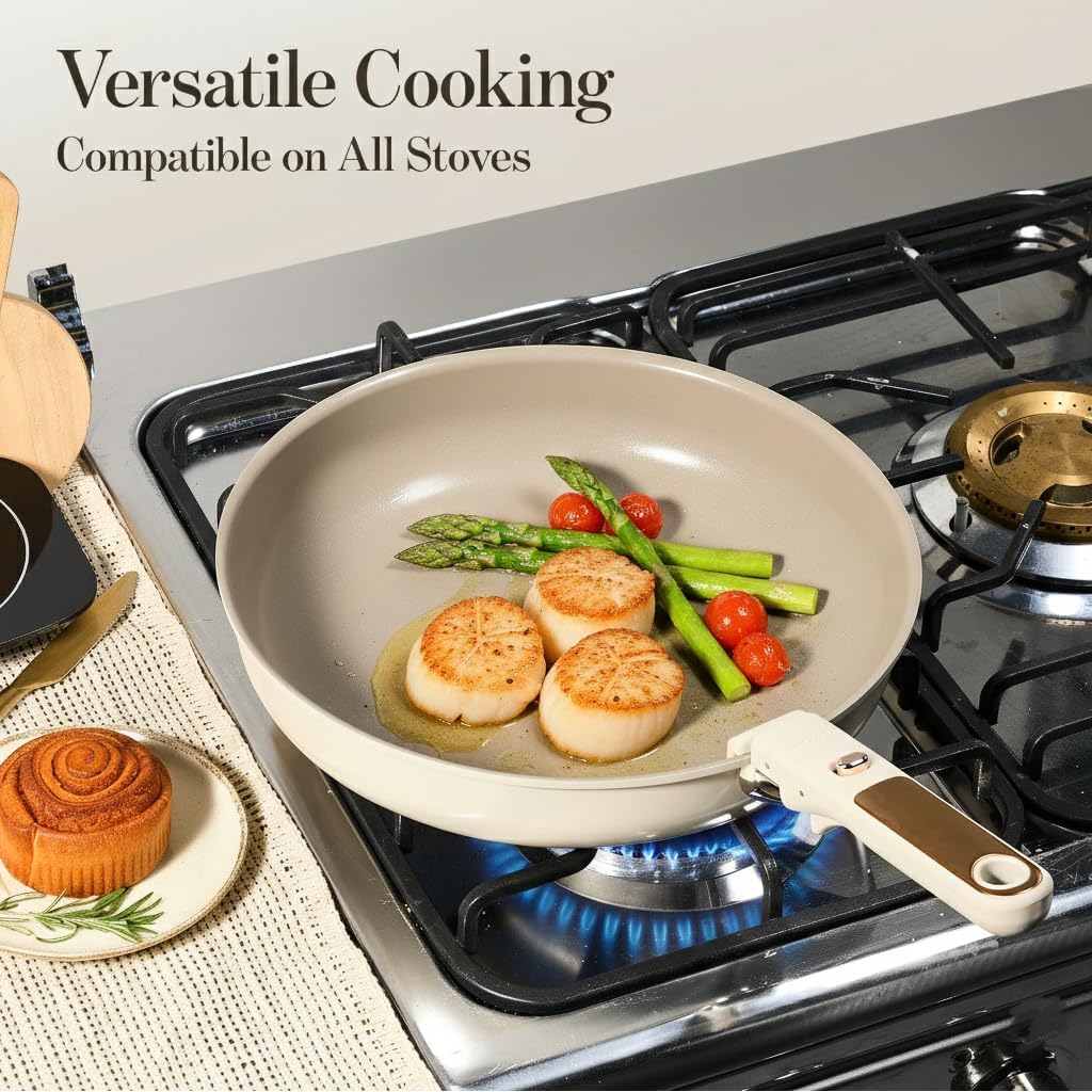 CAROTE 4pcs Ceramic Frying Pans Titanium Non Stick, 8"+10"+12” Frying Pan Egg Pan Omelet Pans with Detachable Handle, Nonstick Cookware, PFOA Free, Induction Compatible & Oven Safe, Dishwasher Safe