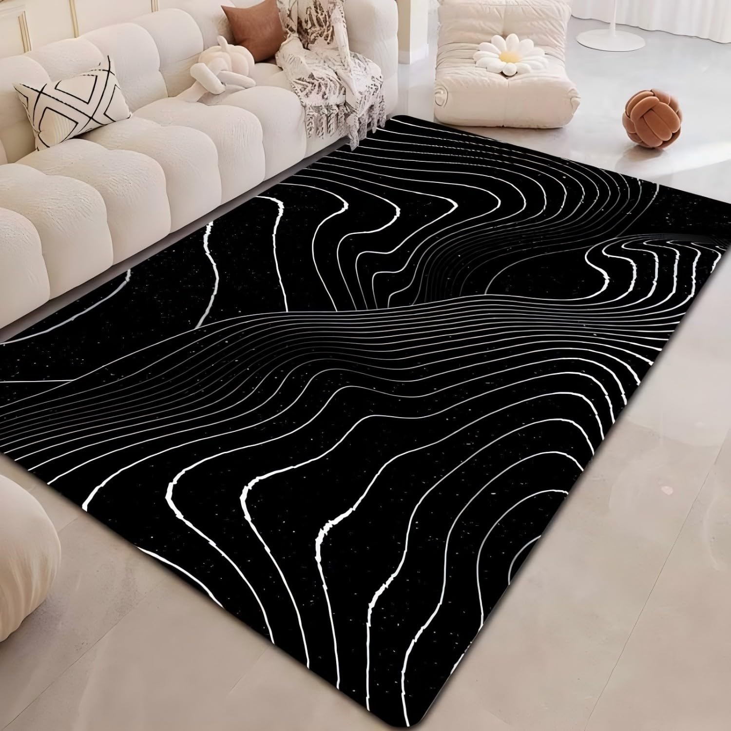 RICAUOU Abstract Rug for Living Rooms, 120x180cm Modern Black and White Line Print Rugs, Minimalist Optical Illusion Swirling Rugs, Washable Art Carpet for Bedrooms, Offices, and Dining Rooms