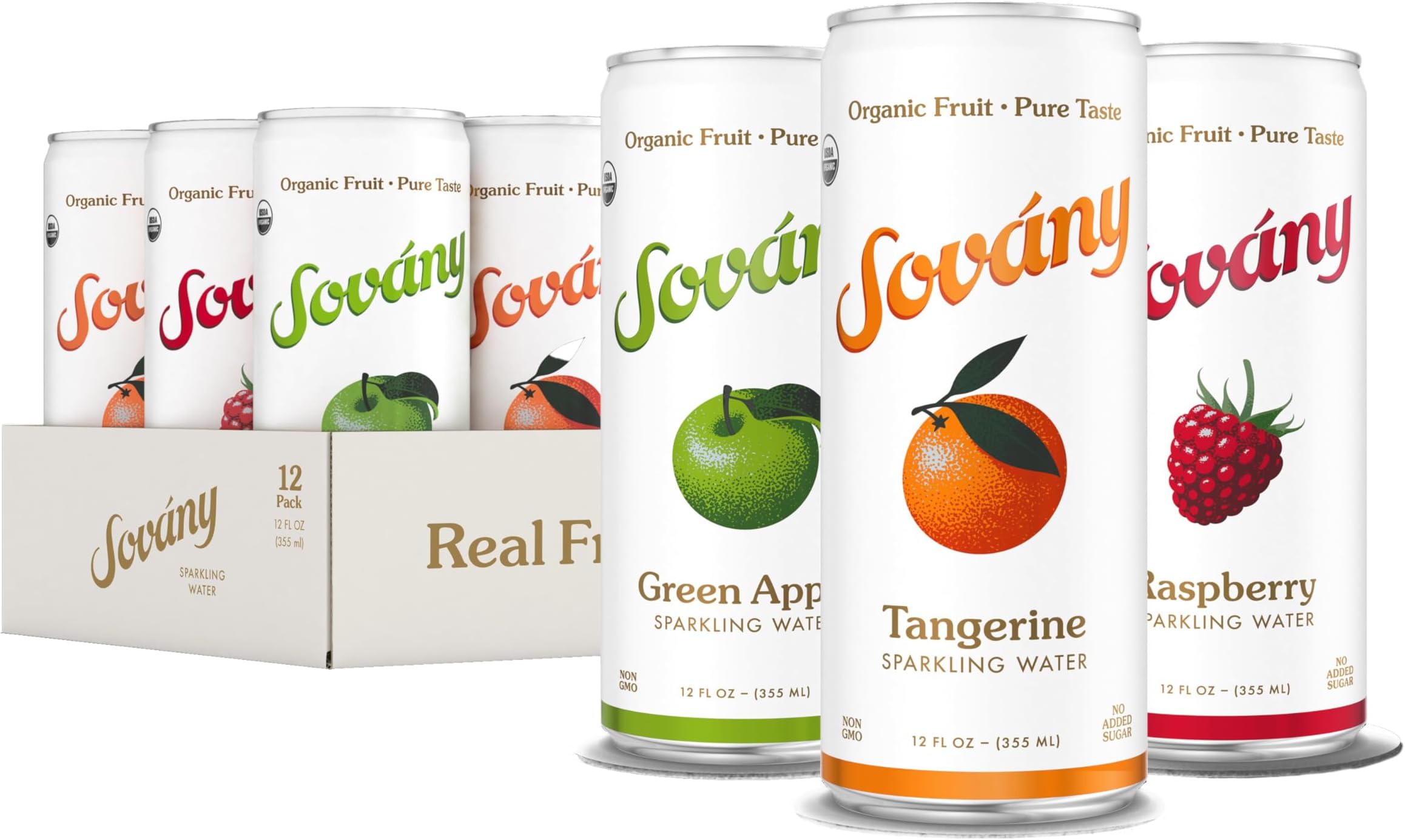 Sovány Flavored Sparkling Water, Variety Pack, Seltzer Water Drinks, USDA Organic, Made With Real Fruit, Non-GMO, Vegan, No Added Sugar, Low Calorie, Tangerine, Raspberry & Green Apple, 12 fl oz, 12 Pack