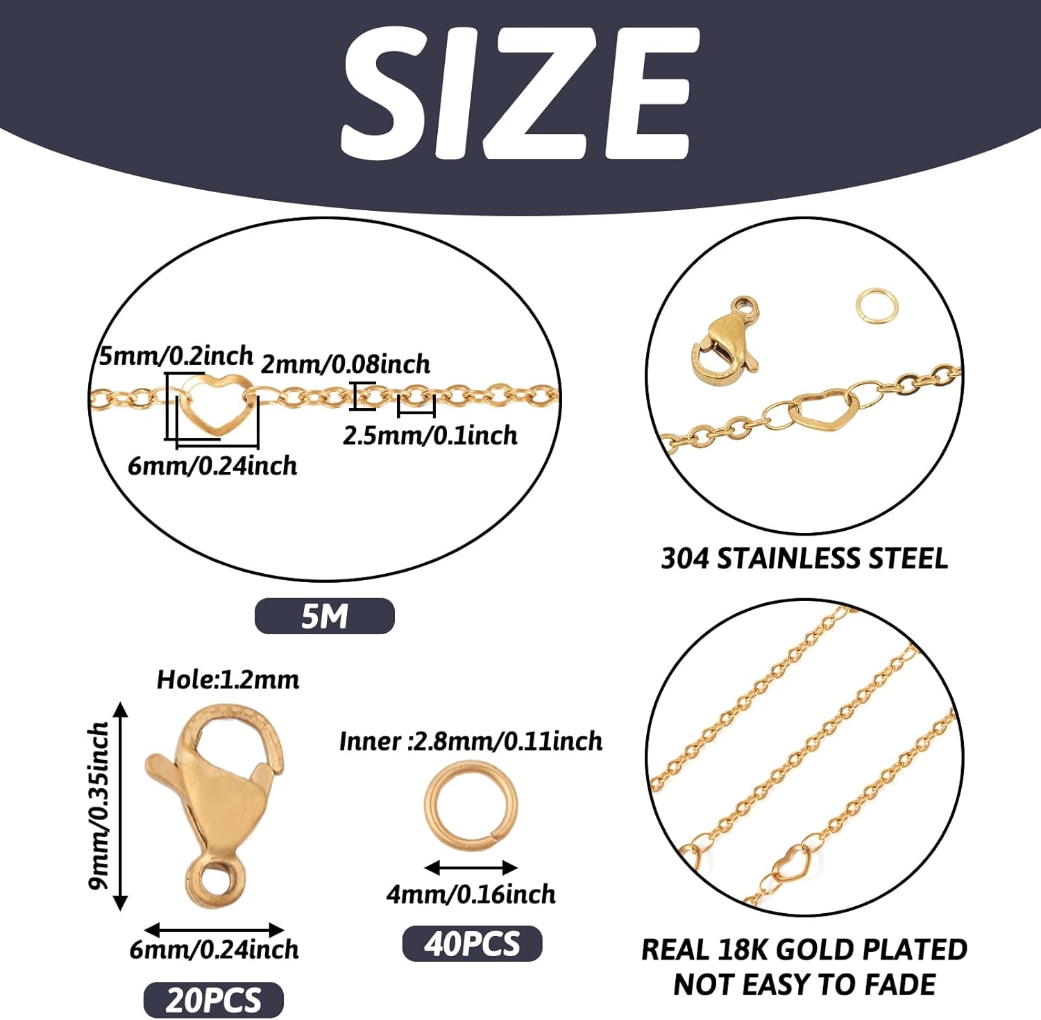 PH PandaHall 18K Gold Plated Heart Link Chains 16.4 Feet Stainless Steel Heart Chains Soldered Jewelry Chains with Jump Rings Lobster Claw Clasps for Bracelet Necklace Jewelry Making - Image 5