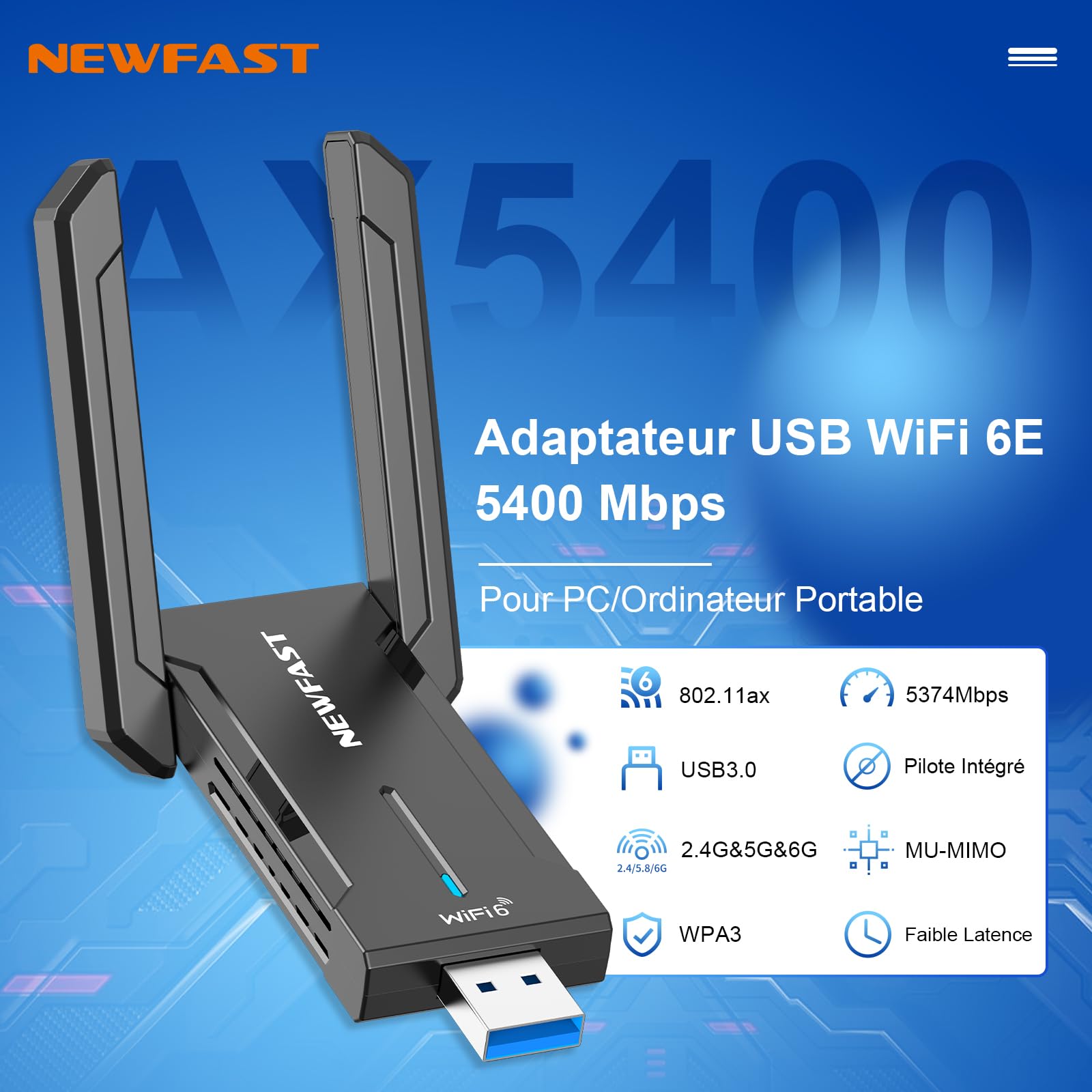 NEWFAST Clé WiFi 6E AXE5400 NF-U353, Tri-Bande USB 3.0 Adaptateur WiFi 6GHz WPA3 pour PC Windows 11/10