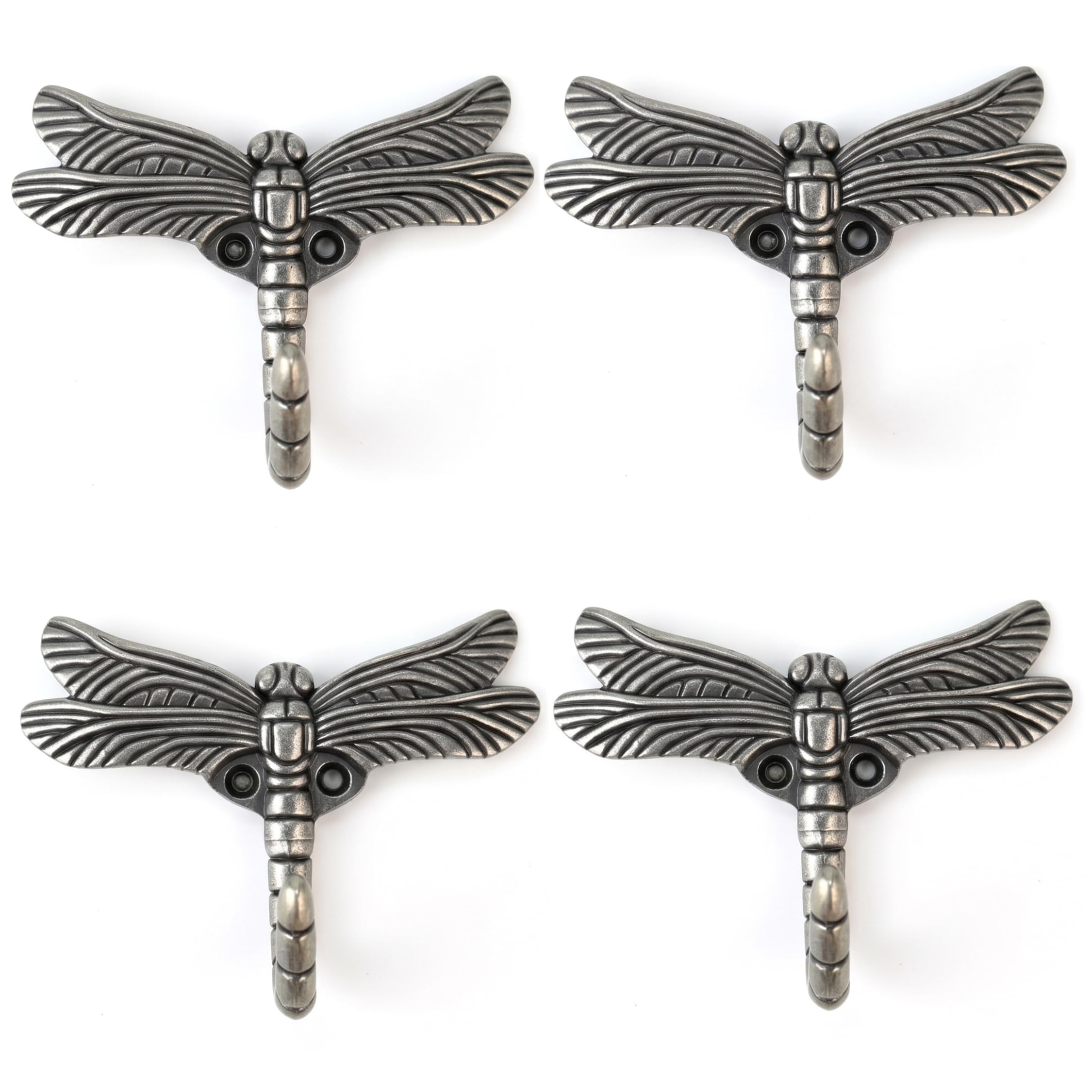 Xweptuy Decorative Hooks, Pack Of 4 Dragonfly Decorative Wall Hooks, Zinc Alloy Silver Towel Hook For Hanging Clothes, Hats, Keys