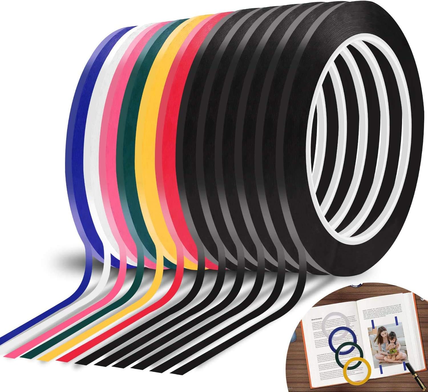 12 Rolls Whiteboard Tape, 1/8" X 72yd Graphic Chart Tape Vinyl Tape Self-Adhesive Artist Tape, 7 Color, 72 Total Yards