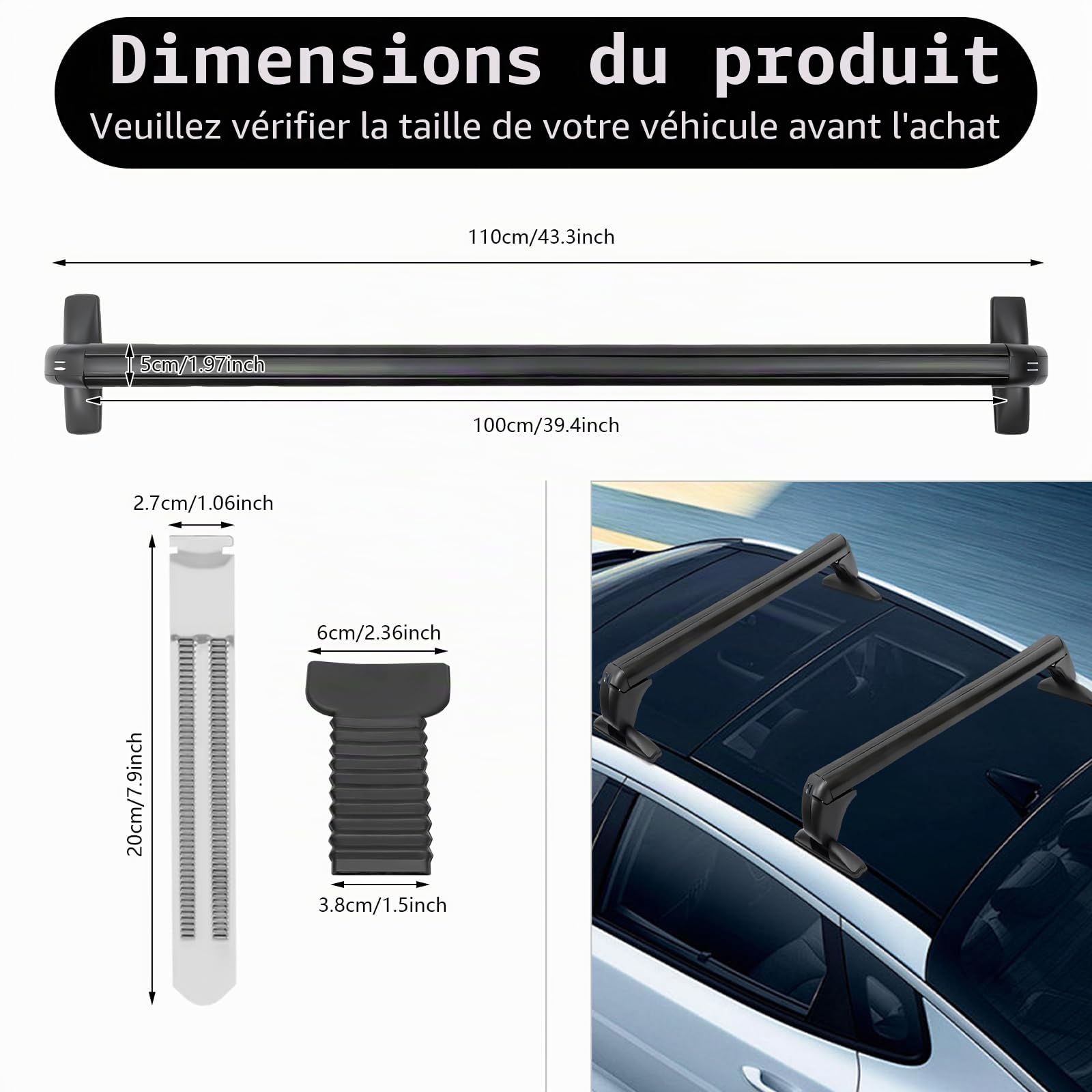 Lot de 2 barres de toit universelles pour voiture avec serrure, en aluminium, pas de perçage nécessaire, avec serrure, pour véhicules avec 4 ou 5 portes