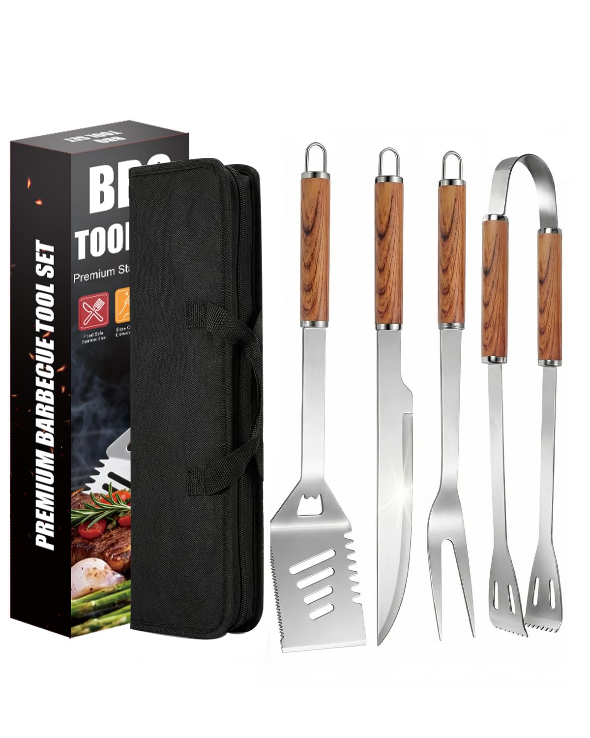 BBQ Tools Set for Dad, 5Pcs Grill Accessories Kit with Portable Case, Stainless Steel BBQ Utensils with Heat-Resistant Handles, for Men Women, Father’s Day, Birthday, Outdoor Cooking