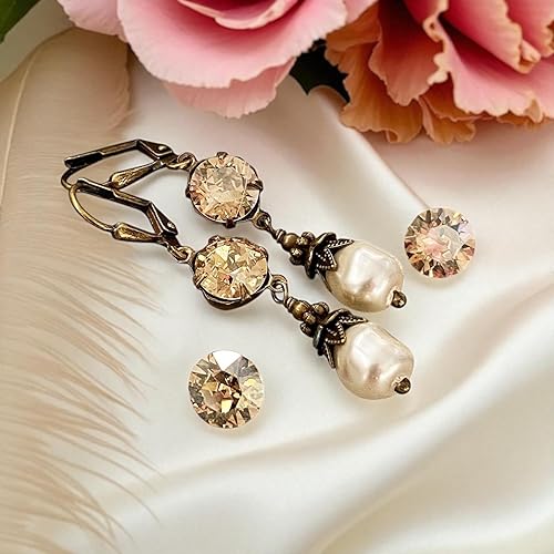 Miniatura 2 de Aretes vintage con palanca trasera para mujer, perlas de imitación de cristal austriaco, colgantes estilo victoriano antiguo, regalo de joyería para