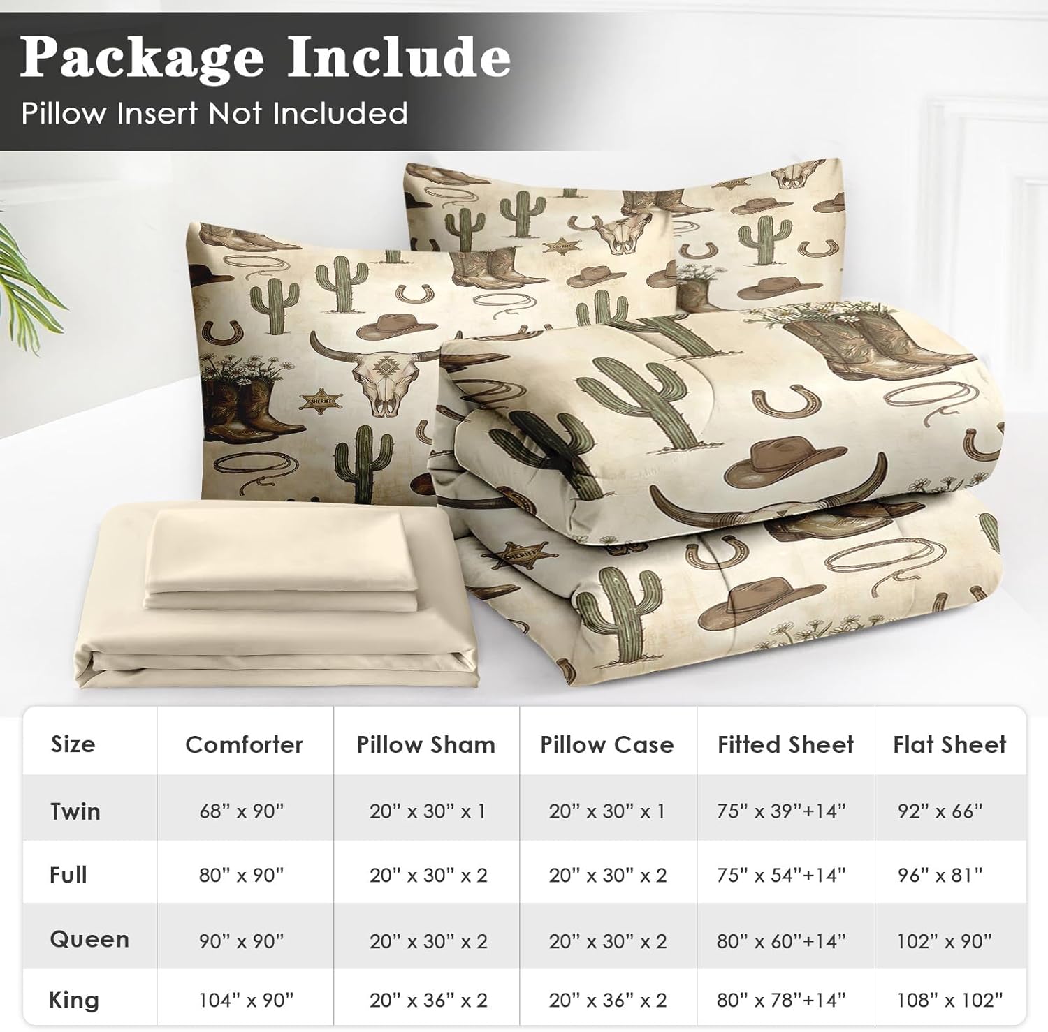 WeCozy 7 Pcs Queen Size Comforter Set with 2 Pillowcases & 2 Shams, Western Vintage Cowboy Bedding Set for Kids and Adults, Cactus Cowgirl Bed in a Bag with Flat Sheet and Fitted Sheet