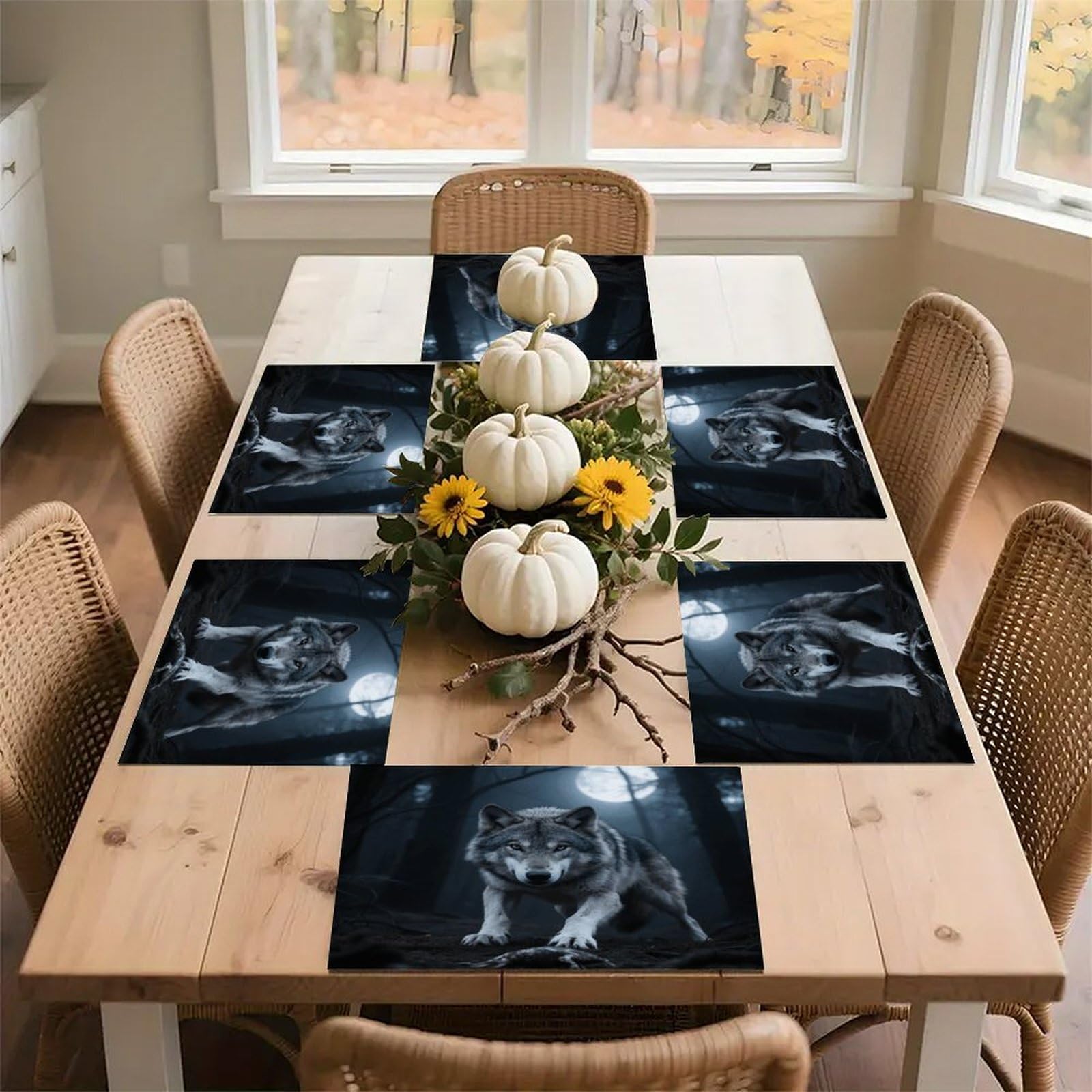 Night Wolf Hunting Placemats Heat Resistant Non-Slip Place Mats Washable Wipeable Table Mat Kitchen Dining Table Decoration Placemats Indoor Outdoor Place Mats 17.7’’×11.8’’