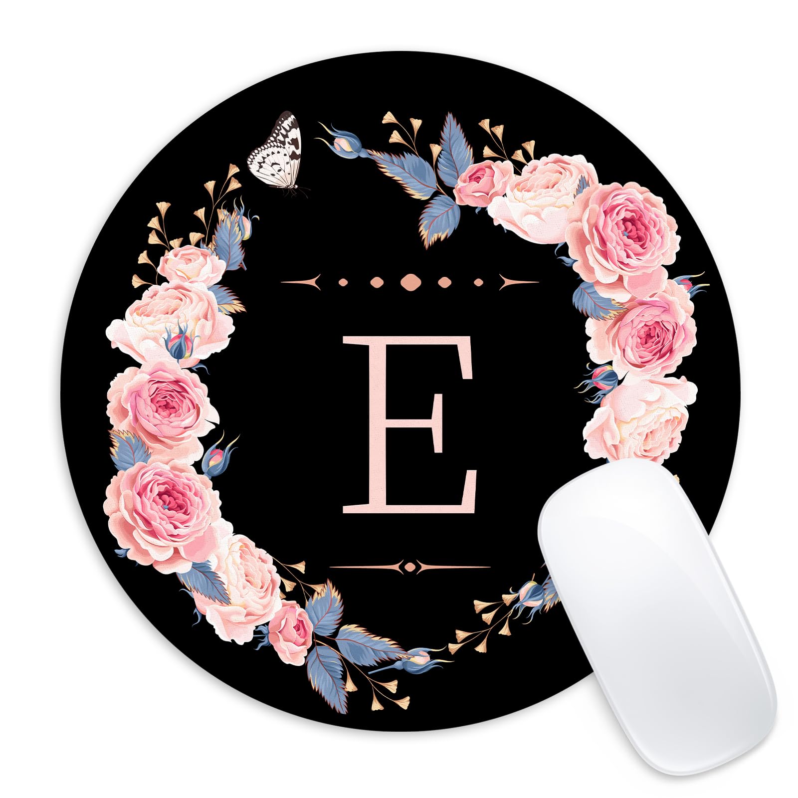 Letter E Round Mouse Pad in Black & Pink Flowrs - Funny Home Office Decor, 8.7" Round Mouse Mat with Non-Slip Base