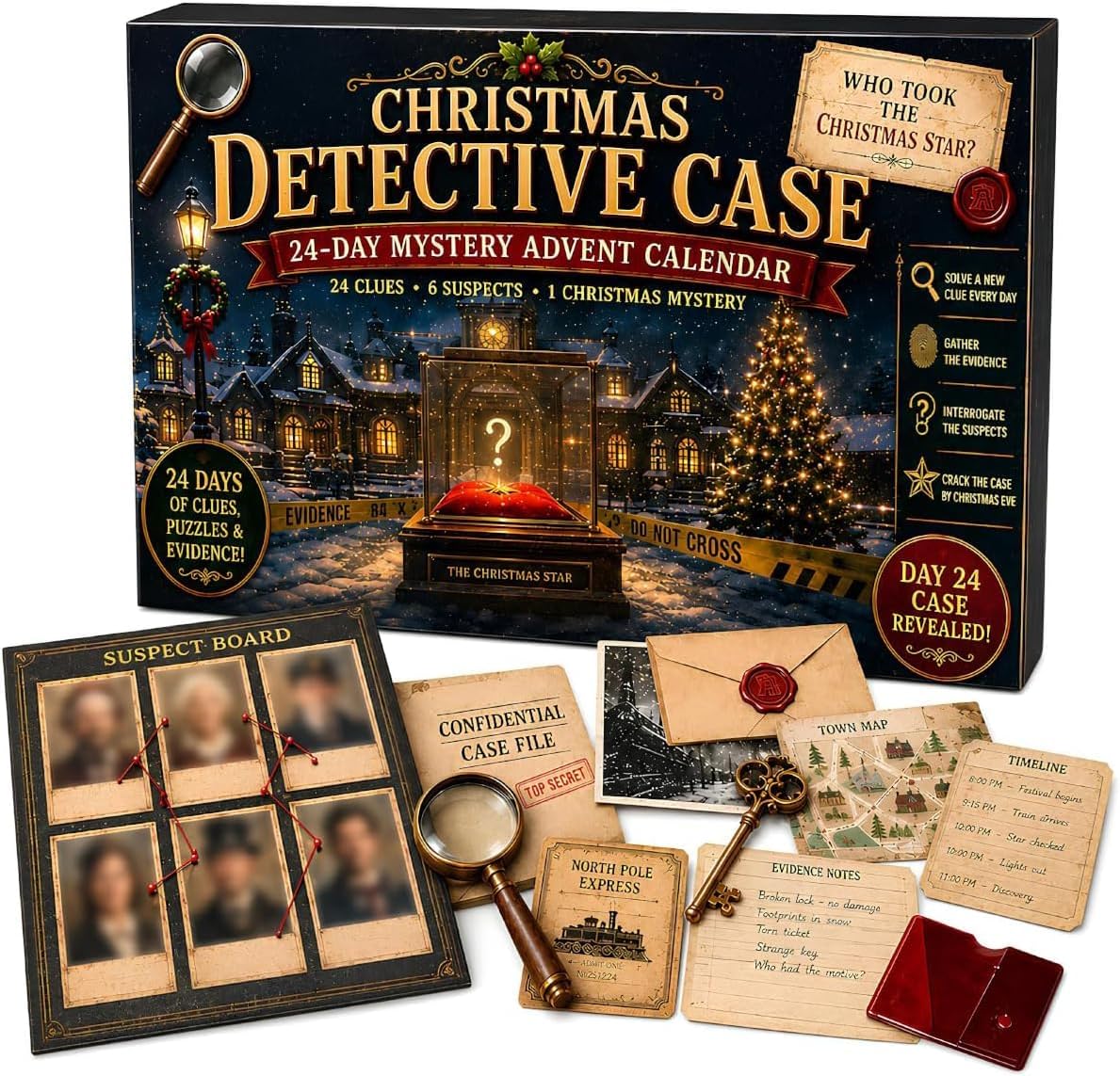 24-Day Mystery Train Adventure Advent Calendar, Christmas Escape‑Room Style Puzzle Game, Interactive Countdown with 6 Story Themes, Daily Clues & Maps for Family Teens & Adults, B