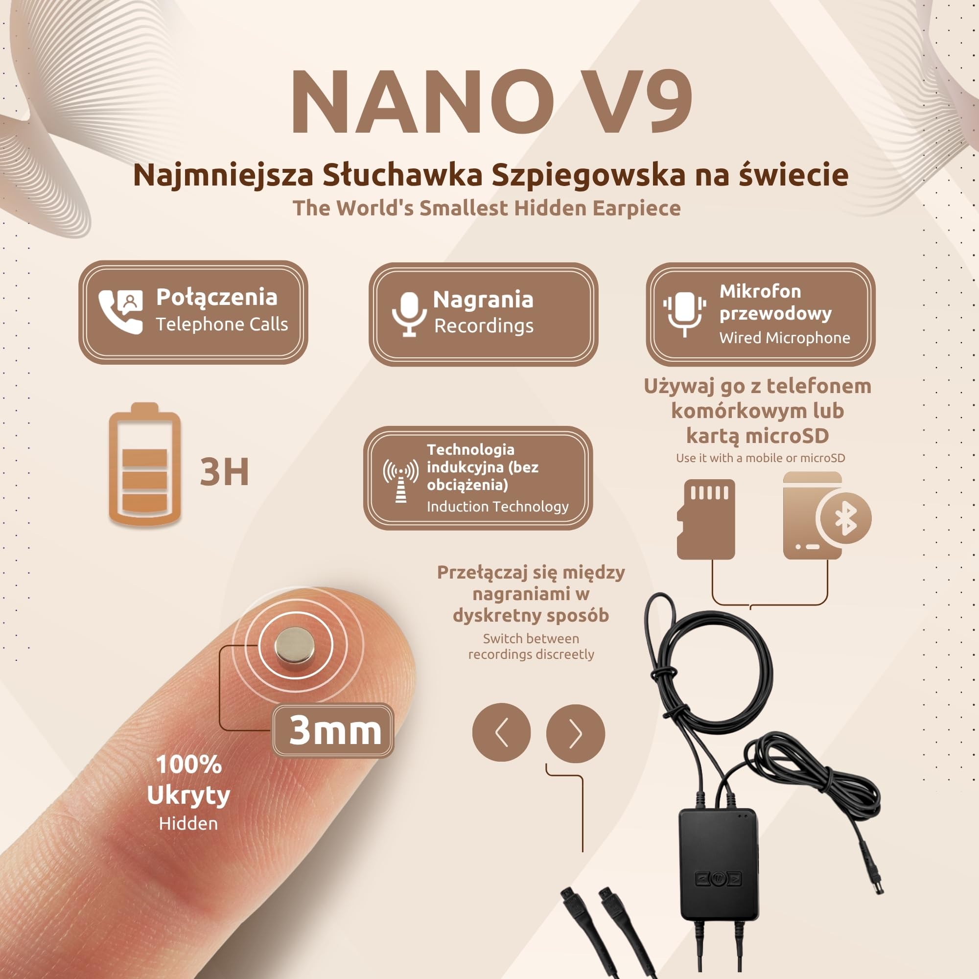 PingaOculto Bluetooth Słuchawka Szpiegowska na Egzamin MP3 Nożne (Nano V9) | Bluetooth i microSD, Z telefonem lub bez, Nagrania i rozmowy, microSD w zestawie, Przycisk wielofunkcyjny, Rozmowy i nagrania