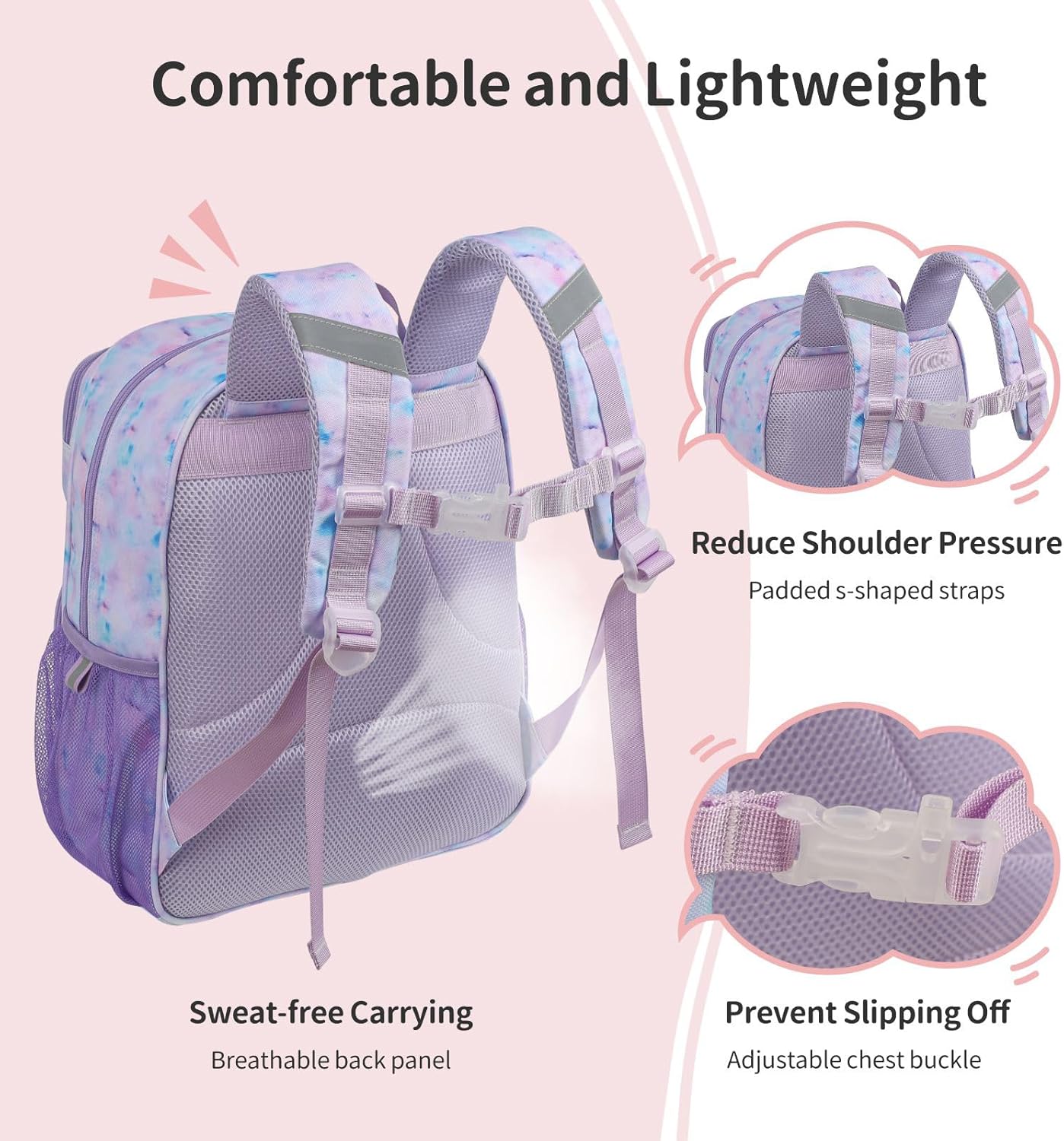 Kids Backpack for Girls Kindergarten - 15 Inch Lightweight School Bookbag fits Folder, Backpack for Kids 4-7 with Chest Strap & Insulated Pocket, Purple Tie-dye - Image 2
