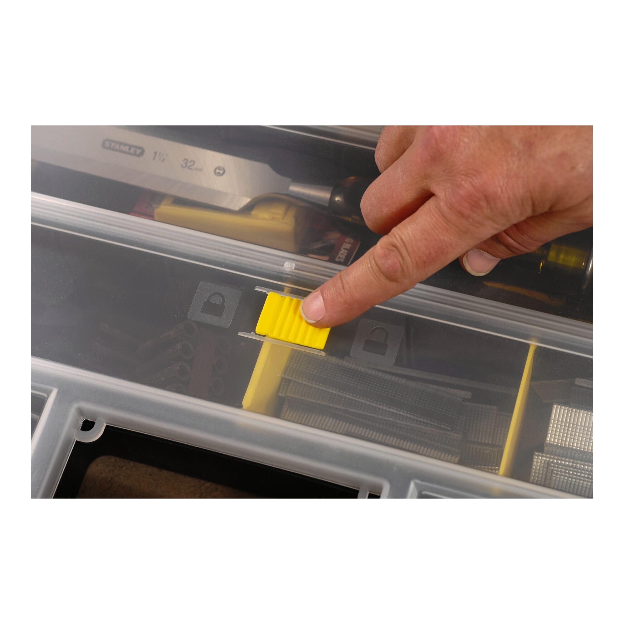 STANLEY 1-92-762 Organiseur Avec 25 Compartiments - Couvercle Abs Antichocs - Corps En Polypropylène - 8 X 45,7 X 33Cm - Séparateurs De Compartiments Amovibles - Poignée Moulée