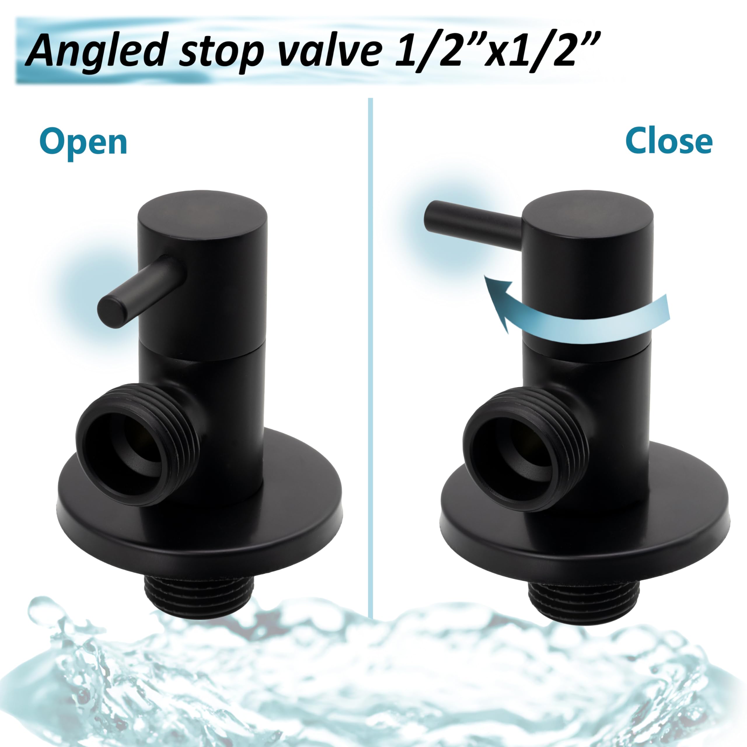 AERZETIX - Válvula de Parada en Ángulo 1/2"x1/2" con Roseta y Junta PTFE - Latón con Acabado Ennegrecido - Grifo de Agua Potable Sanitario para Lavabo Baño Cocina