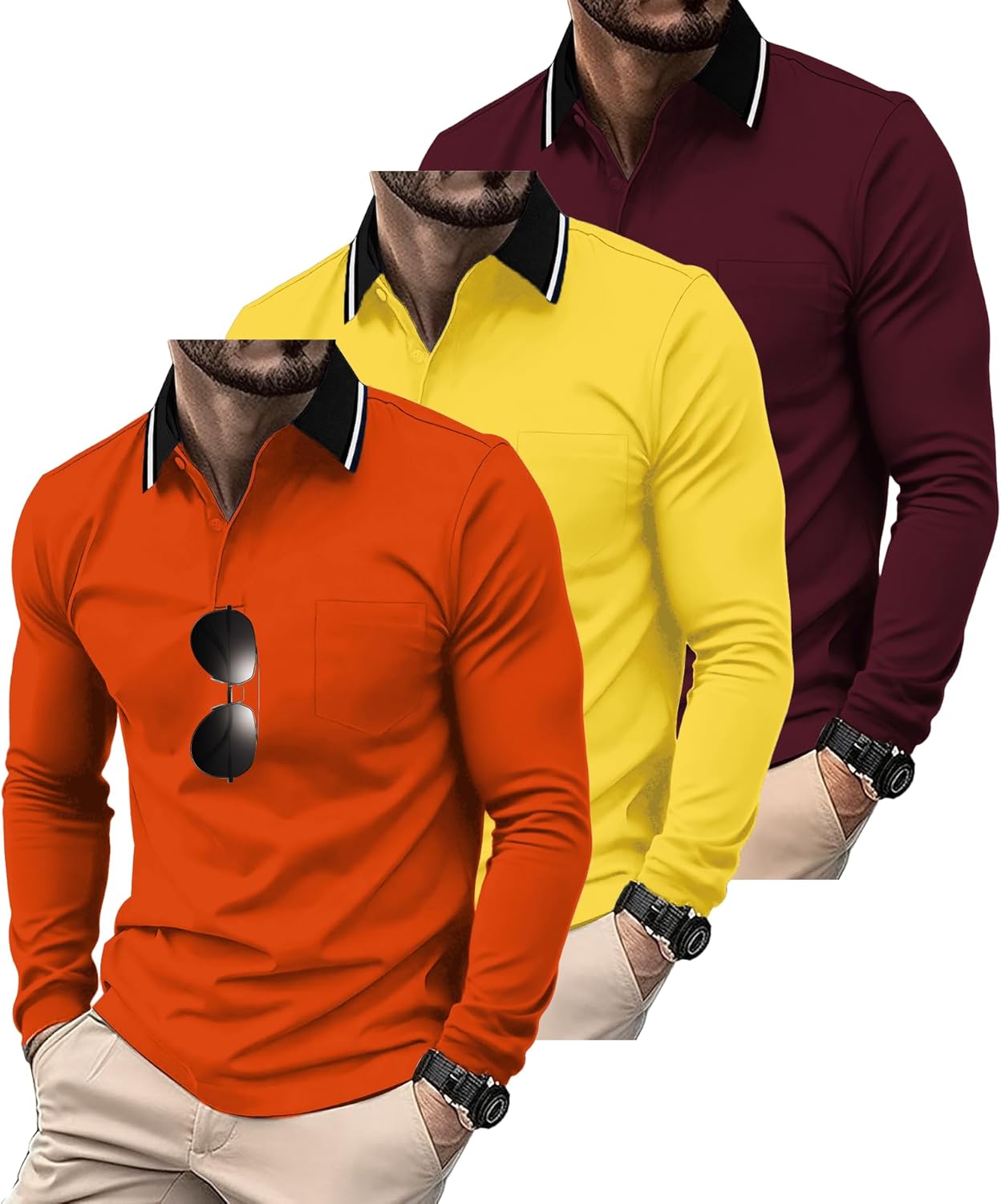 ZITY 3 Pack Men Polo Shirts Long Sleeve with Pocket Golf Shirts Shirts for Men Casual Work Athletic Collared T-Shirts