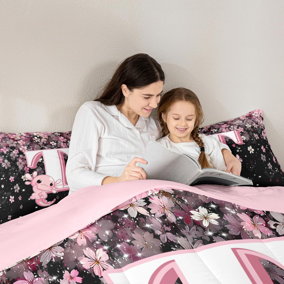 Erosebridal Cute Axolotl Queen Comforter Set for Kids Girls Teens | Initial Letter T Bedding Set Japanese Cherry Blossom Bed Set Girly Cute Coastal Sea Ocean Animal Quilt Set