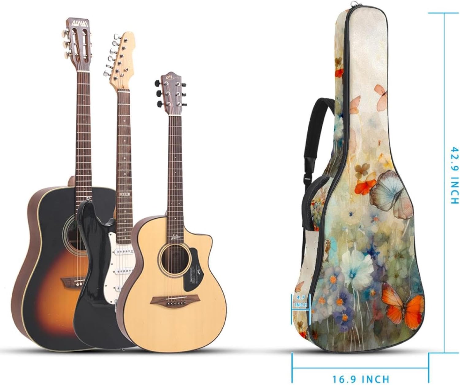 Acoustic Guitar Bag 0.4 Inch Thick Padding Waterproof Guitar Case Gig Bag for 40 41 42 Inch Electric Bass Classical Guitar, Watercolor Colorful Butterflies Vintage Pattern