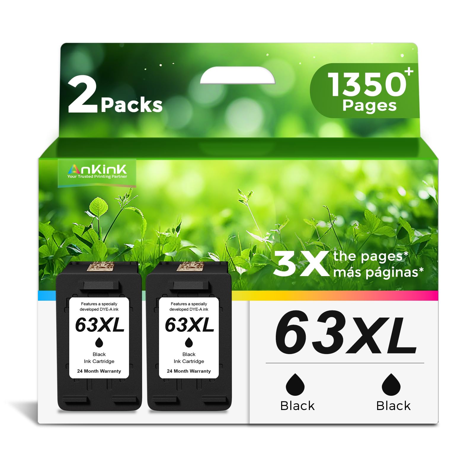 63XL Ink Cartridges Replacement for HP 63 XL (Black 2-Pack) Work with HP63 3830 4650 4652 4655 5200 5252 5255 5258 4520 4512 1112 2132 3630 3632 3631 2130 4510 4654 Printers 2 BK