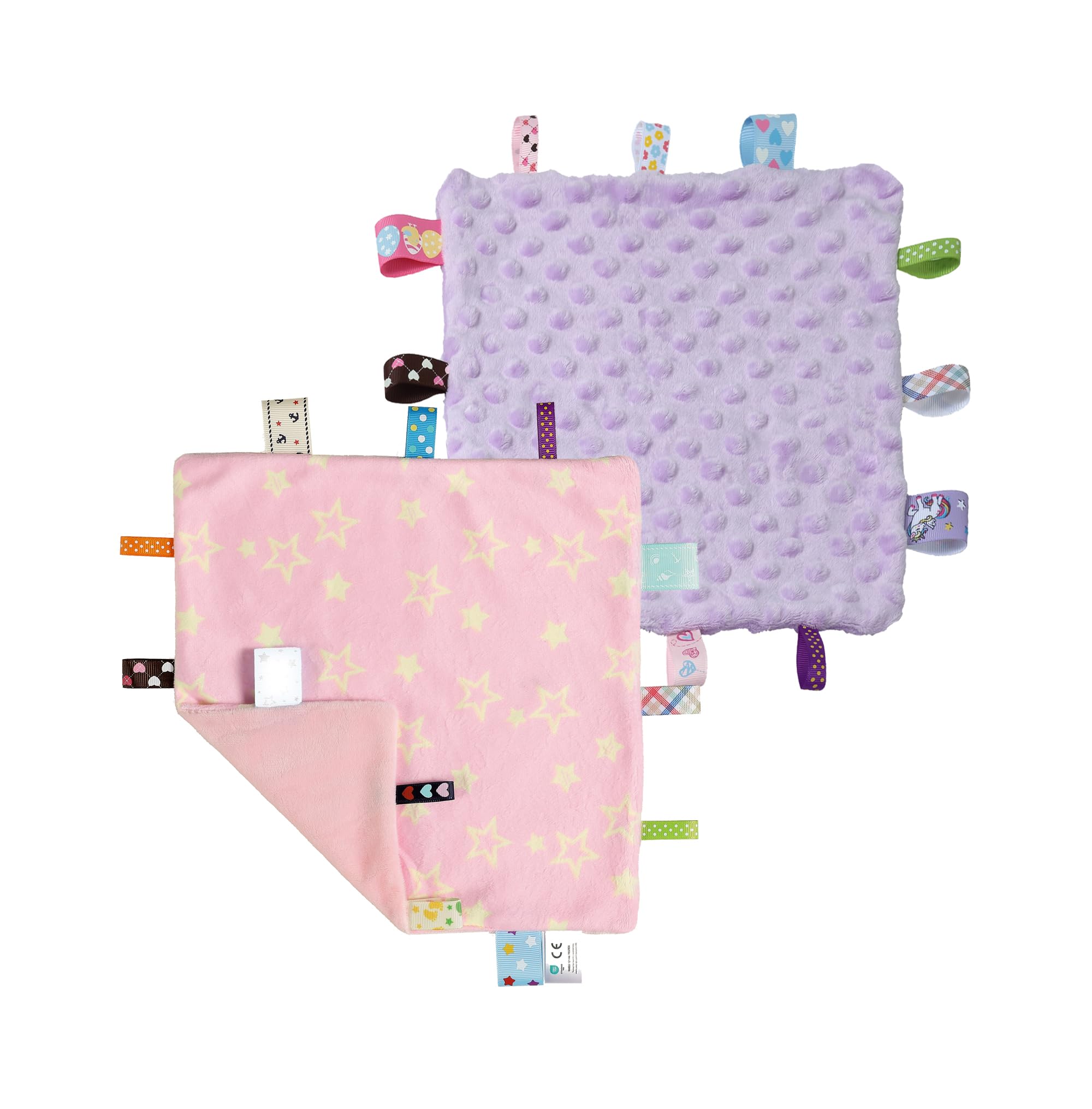 CREVENT Tag Security Blankets for Babies, Soft Small Baby Comforter Sensory Blanket, Great Gifts for Birthday Baby Shower - 24X24cm/10 X10 Pink Star + Purple
