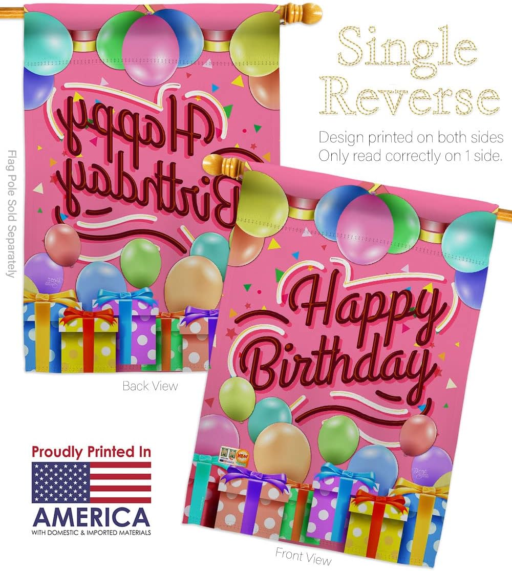Celebrate Happy Birthday House Flag Dowel Set Celebration Cake Gift Present Candy Bouquet Occasion Anniversary Party Small Decorative Yard Banner Made In USA 28 X 40
