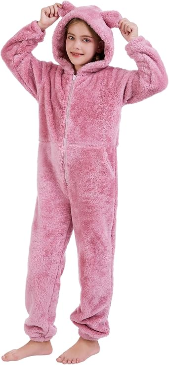 COZYPOIN Girls Fleece Zip Up Jumpsuits Kids Hooded Rompers Fuzzy Onesie Warm Cute Costume Winter Clothes