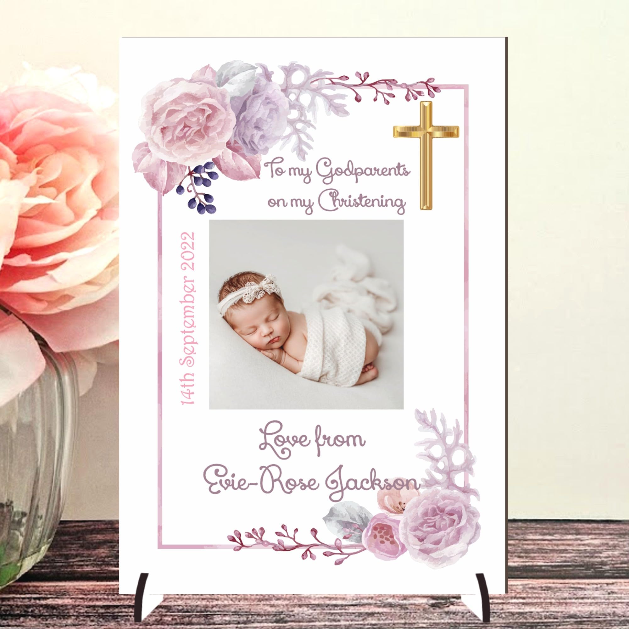 Personalised 'To My Godparents' Christening Photo Plaque | Unique Keepsake Gift | A4 or A5 Size | Customisable with Special Message | (Mdf Wood A4 30cm x 21cm, Pink)