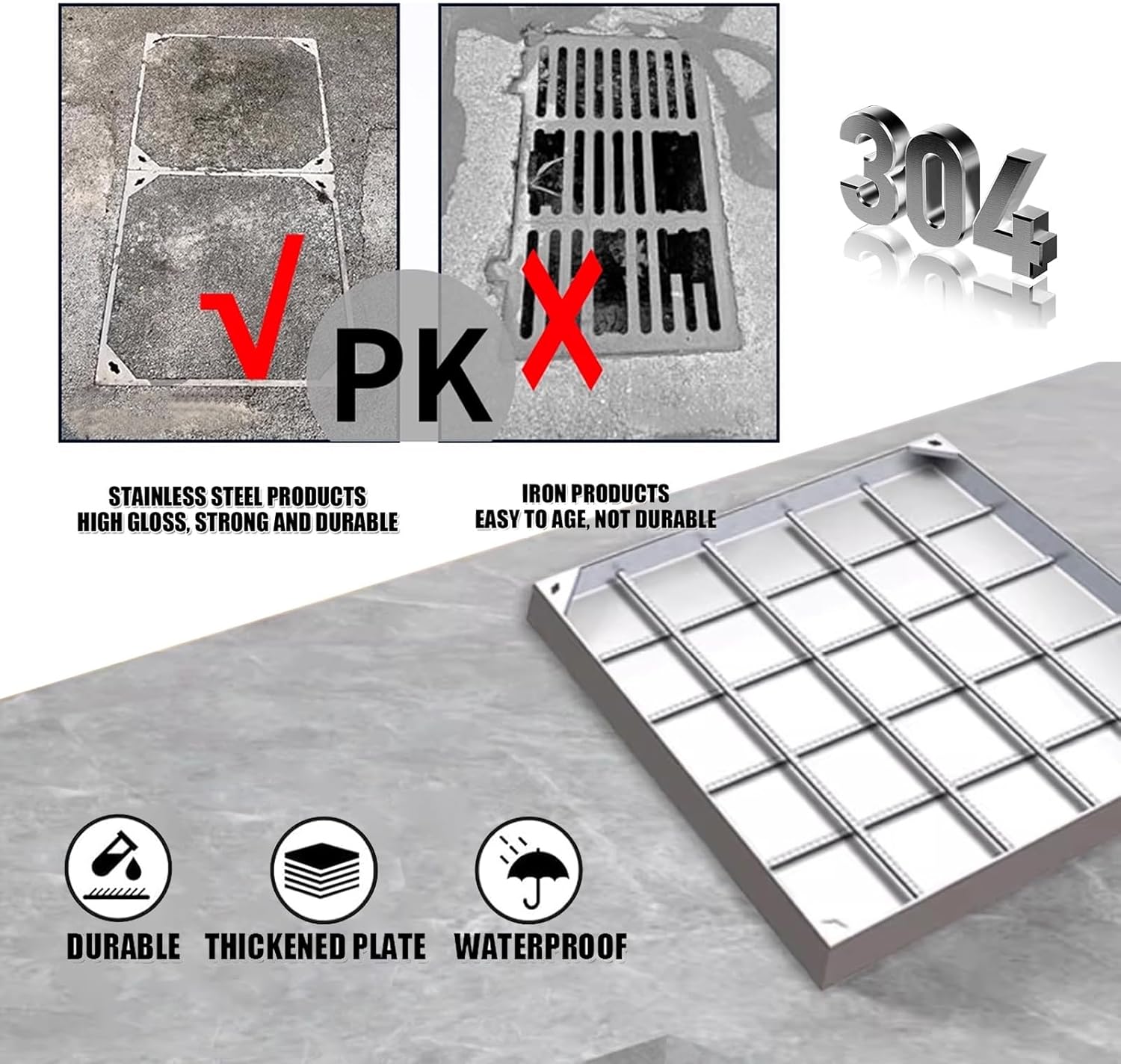 Heavy Duty Stainless Steel Septic Tank Cover 304 Invisible Manhole Cover for Outdoor Use Easy Installation High Load Capacity (5cm 60x60cm/23.6x23.6in)