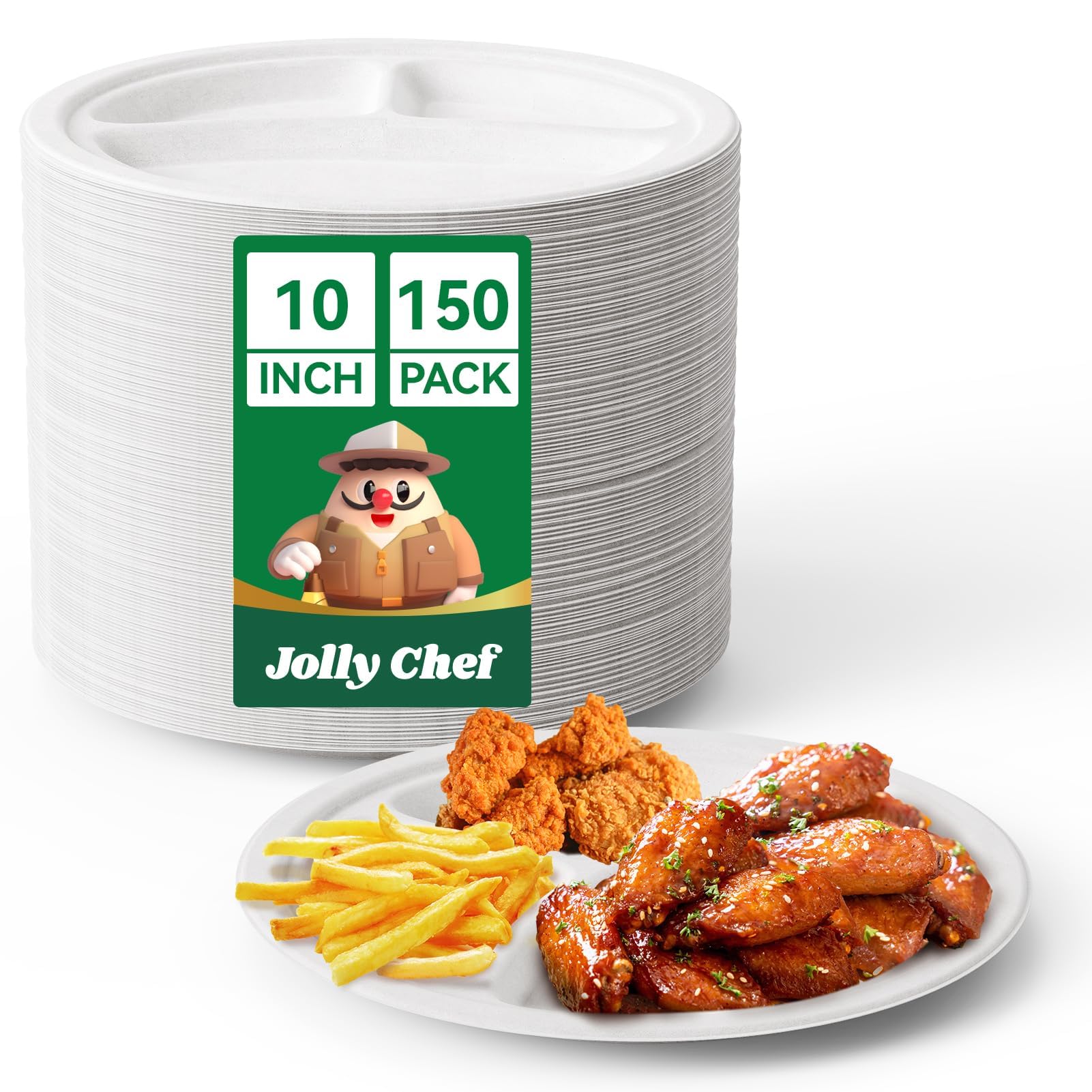 JOLLY CHEF 150 Pack 10 Inch Round 3 Compartment Disposable Bagasse Plates