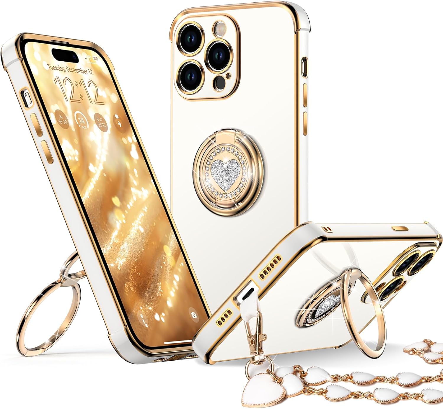 XYZ for iPhone 14 Pro Case with Stand, Phone Case with Double Ring Kickstand, Women Girls Bling Luxury Protective Case Heart for iPhone 14 Pro, White