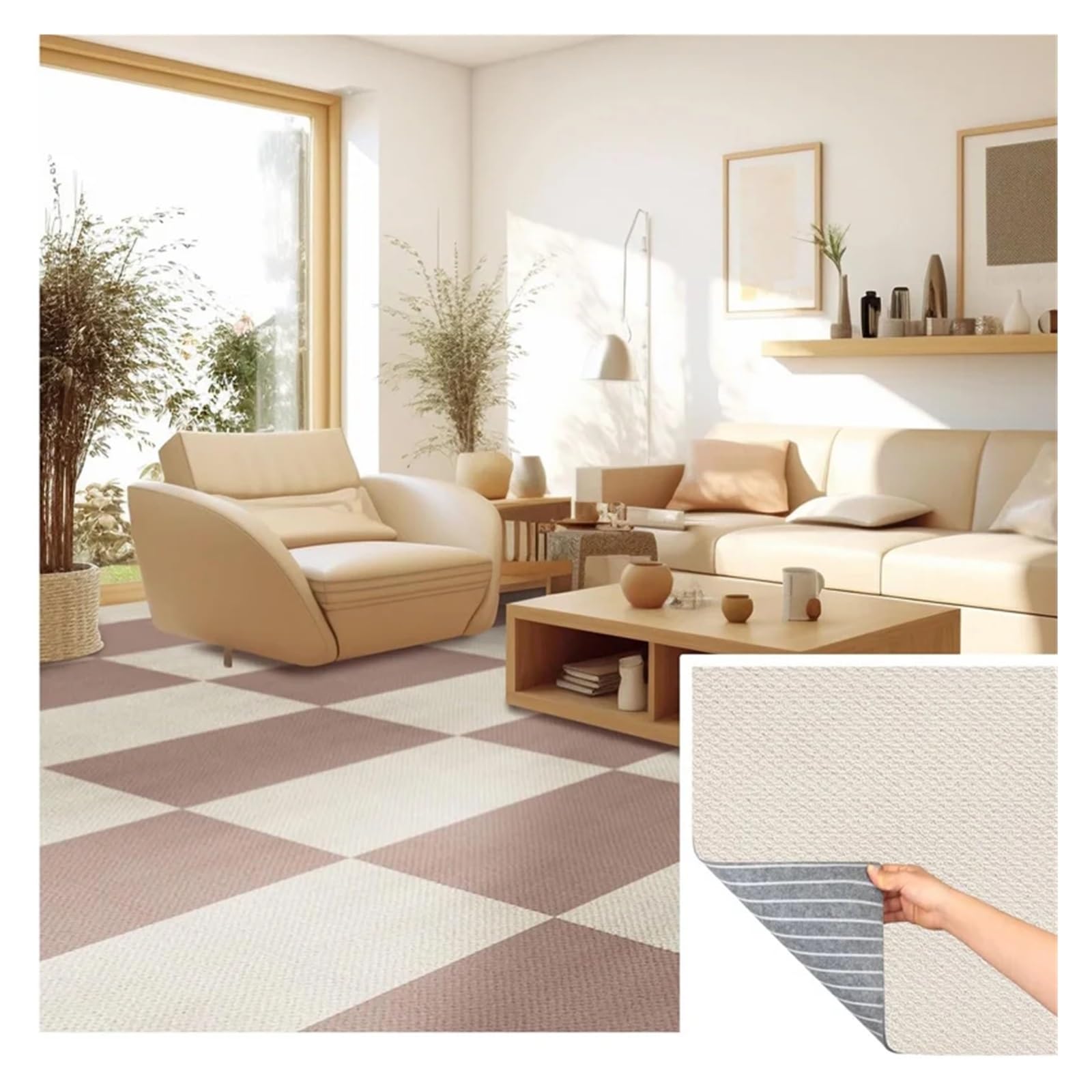 Teppichfliesen Selbstliegend Herausnehmbare Teppichfliesen mit weicher Schlingenoberfläche, selbstklebend, modular, mit rutschfester, gepolsterter Rückseite, for Balkonböden(BrownWhite-16Pcs)
