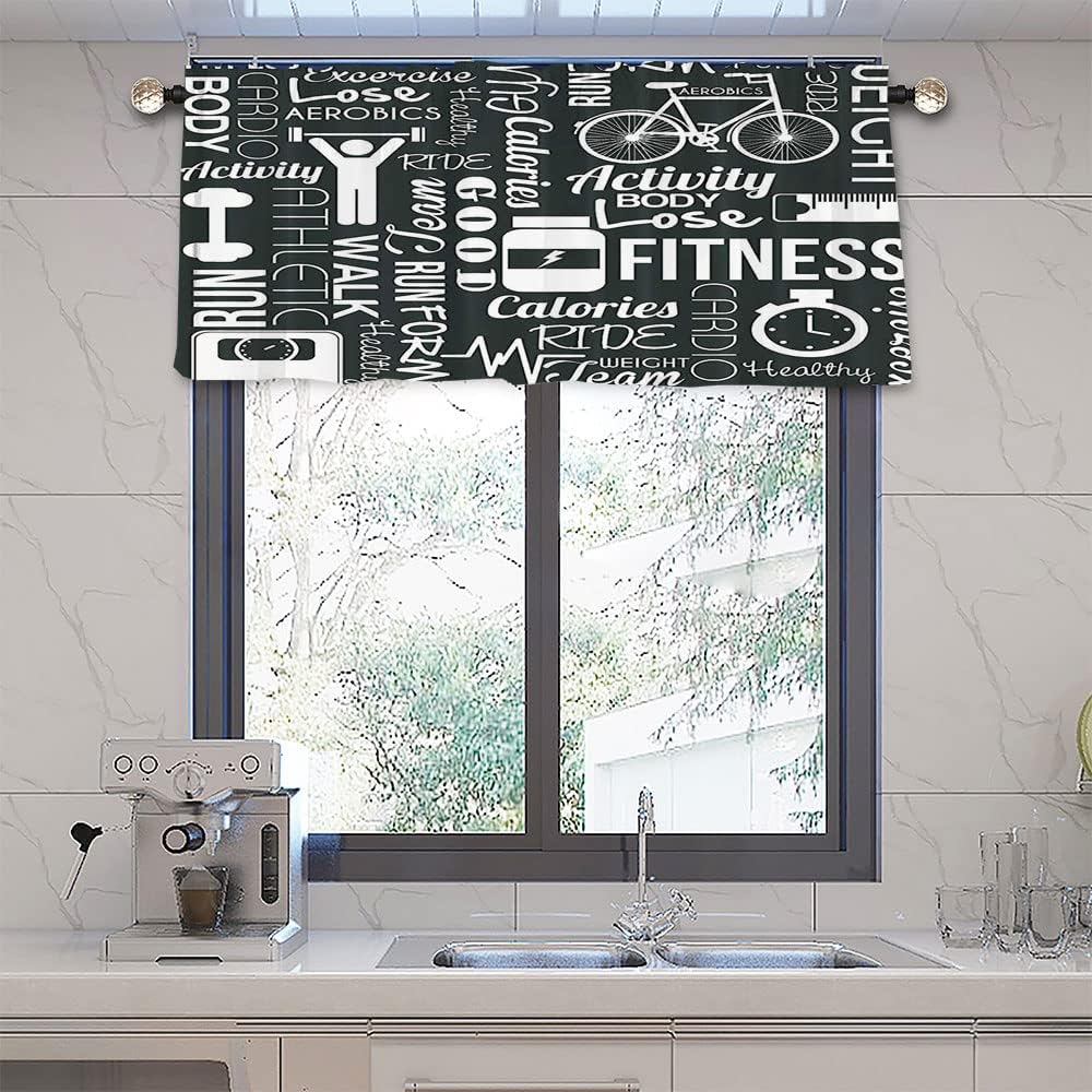 Small Window Curtains, Fitness Love Wide Pocket Curtain Valances, Healthy Life Aerobic Exercise Art Prints, 60" W x 18" L, for Living Room, Bedroom, Kitchen, Bathroom, Black and White