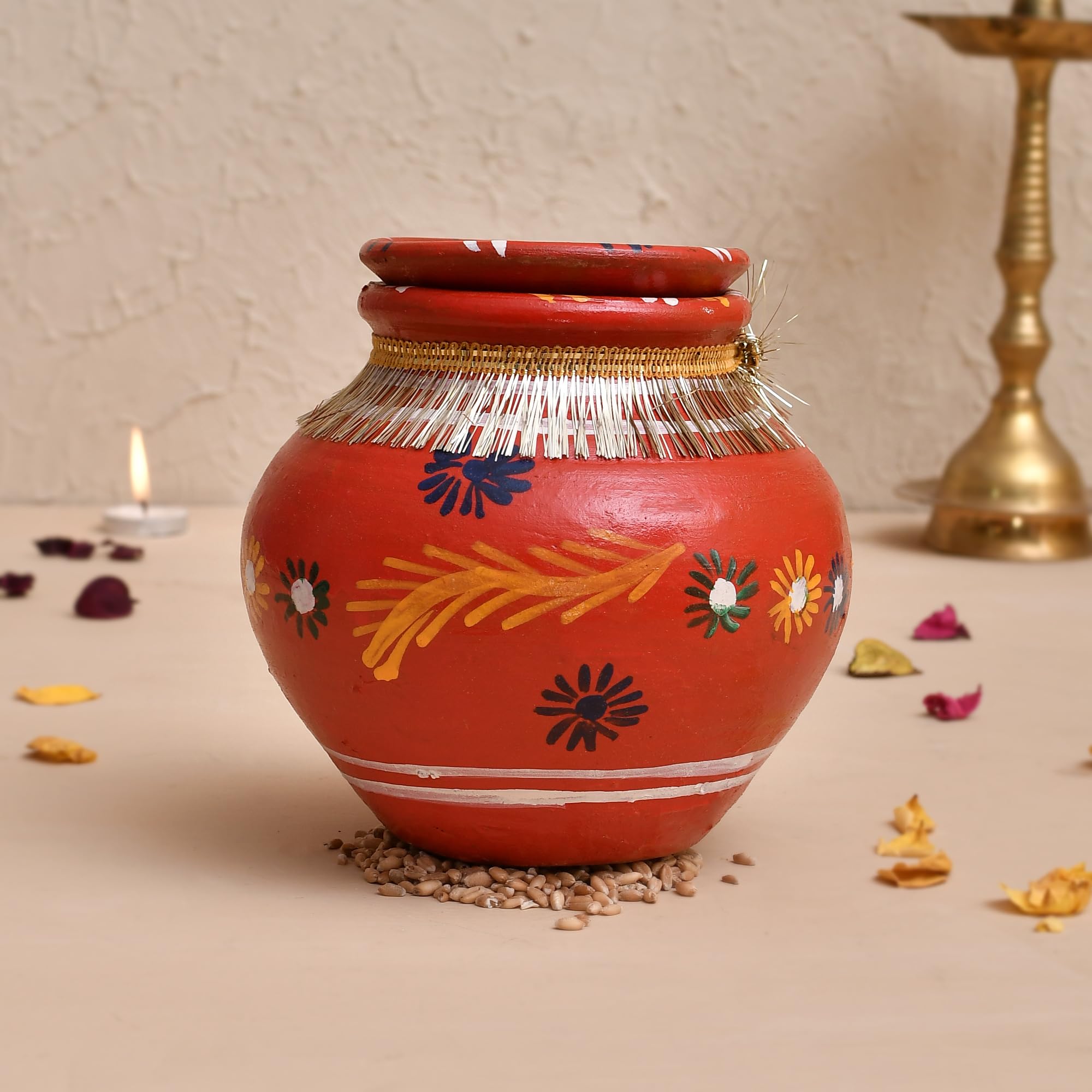 B S NATURAL MITTI Kalash Colourful Painted Matki for karwa chouth Diwali Pooja (Pack of 1 Kalash with dhakkan)-image-16