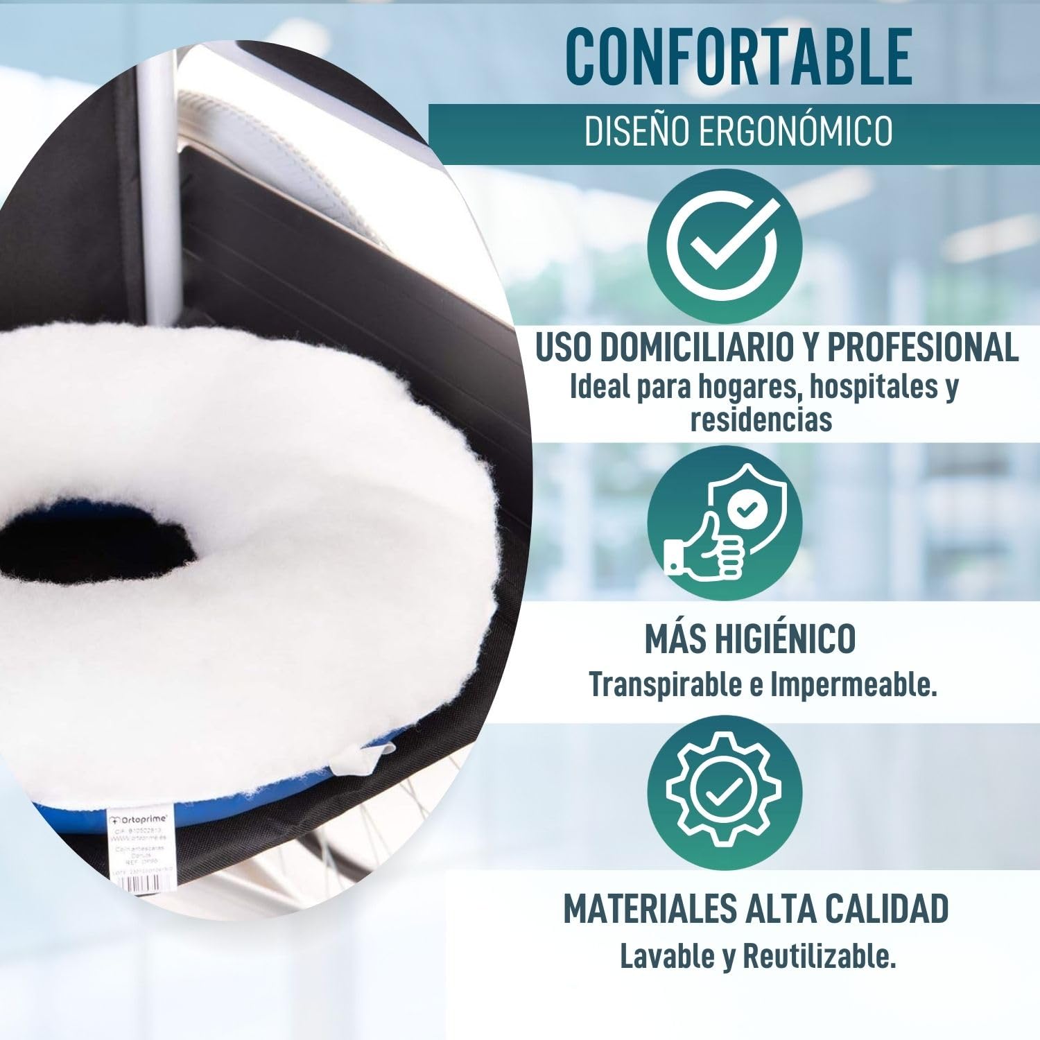 OrtoPrime Cojín Antiescaras para Coxis - Prevención y Tratamiento de Ulceras por Presión - Asiento Ortopédico para Sillas de Ruedas, Oficina, Coche y hogar - Cojín Postural Redondo con Agujero