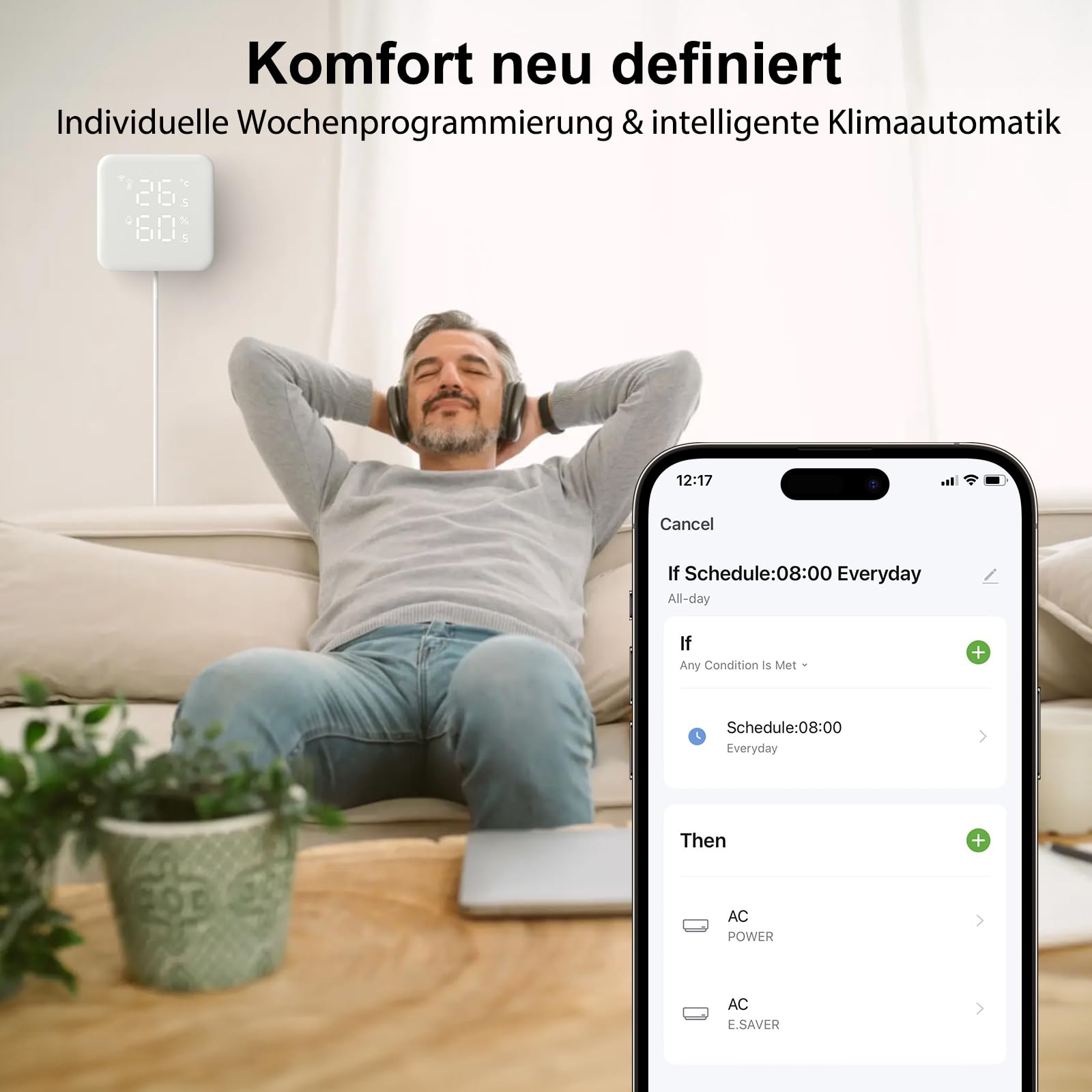 Smart Klimaanlagensteuerung für Split-, Fenster- & Mobile ACS, mit WLAN Thermometer Hygrometer, automatischem Komfort & Energieersparnis, 60-Sekunden-Installation, kompatibel mit Google & Alexa