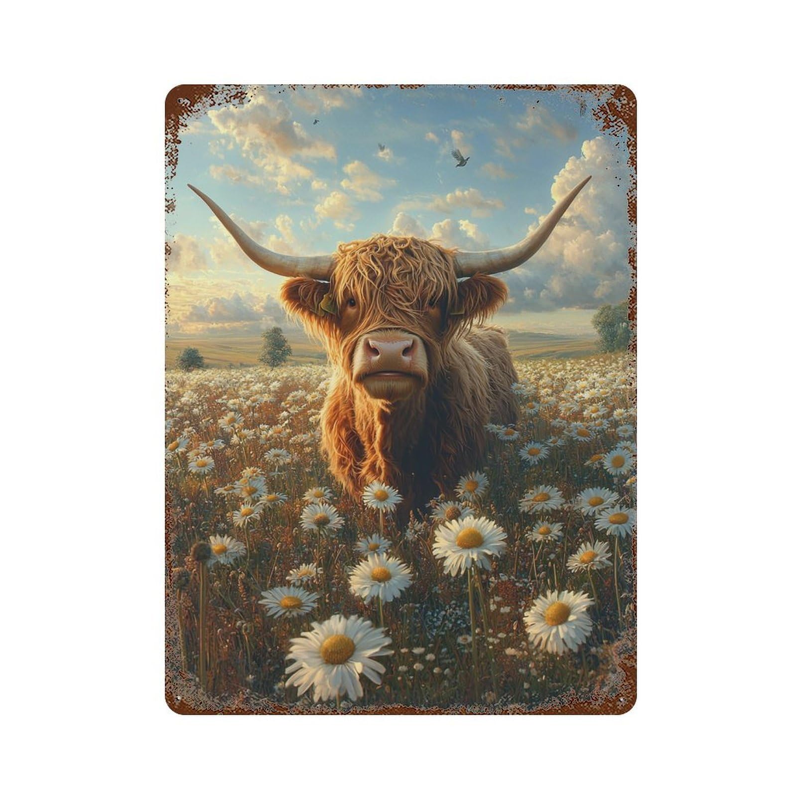 Highland Cow in Daisy Field-1 Vintage Rust Metal Sign 15.7"x11.8", Ideal for Cafe, Home Bar And Lounge Decor