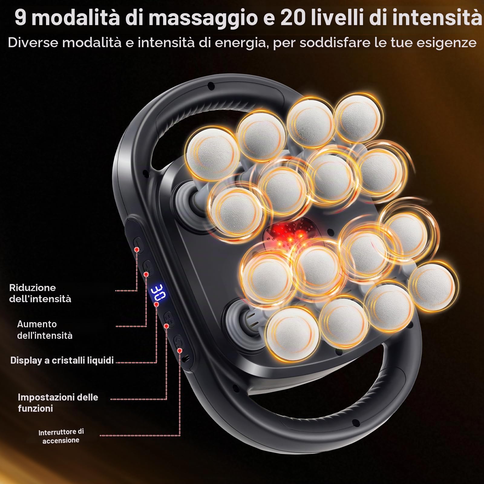 Pistola Massaggio Muscolare con Luce Rossa, 16 Teste Massaggiatore Muscolare Elettrico con 9 modalità e 30 velocità Regolabili, per Alleviare la Tensione Muscolare e L'affaticamento per Schiena Gambe
