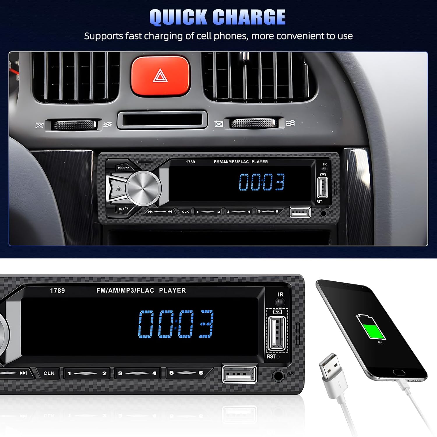 Single Din Car Stereo Bluetooth Hands Free Calling Car Audio Receivers with Digital LCD Display FM Car Radio MP3 Player Quick Charge USB/SD/AUX-in Built-in Microphone