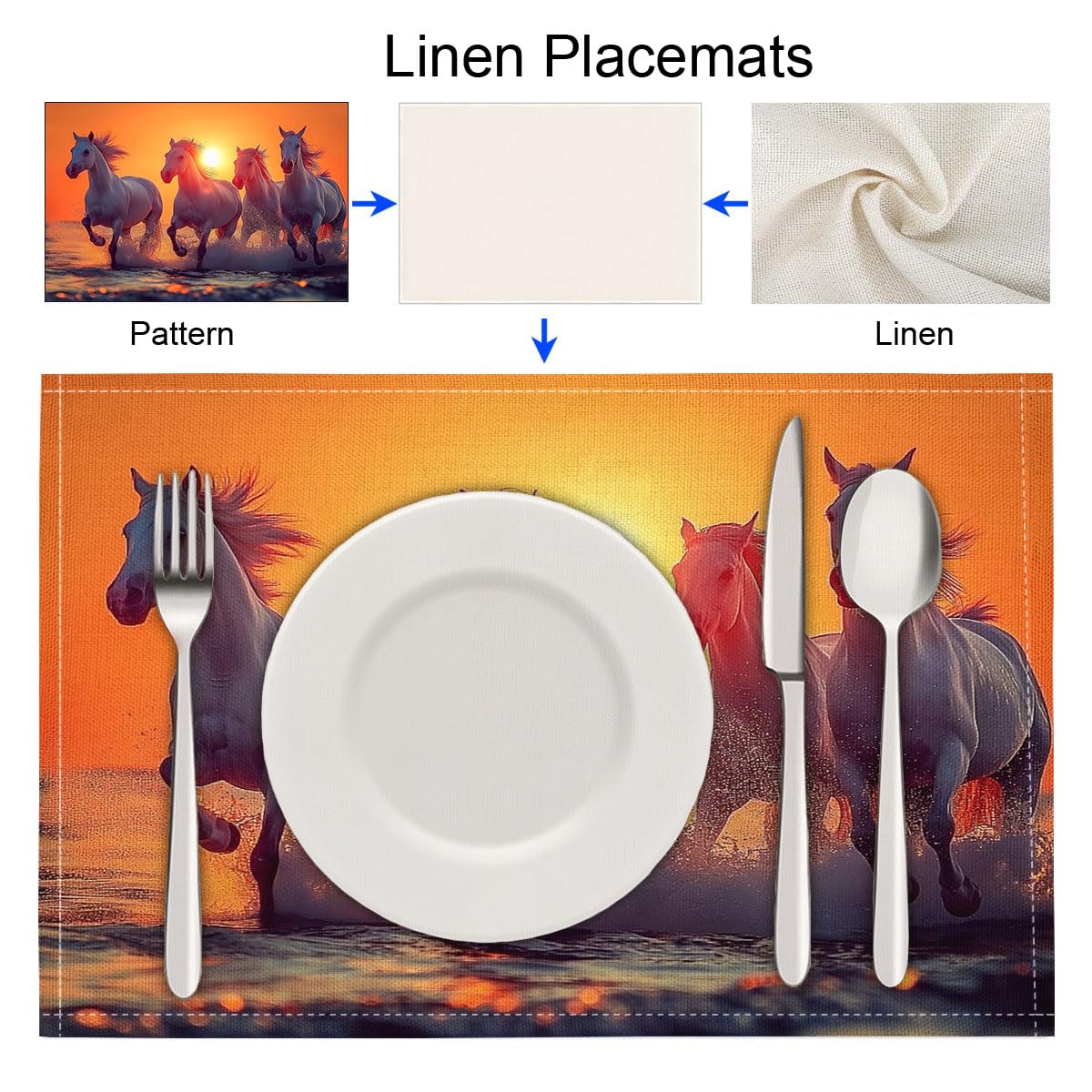 Set di 8 Colazione Stoffa 30x45cm, Tramonto Spiaggia Cotone e lino Tovagliette Americane Lavabili, Tovagliette Cavallo per Primavera Vacanze Cucina Feste, Pasqua