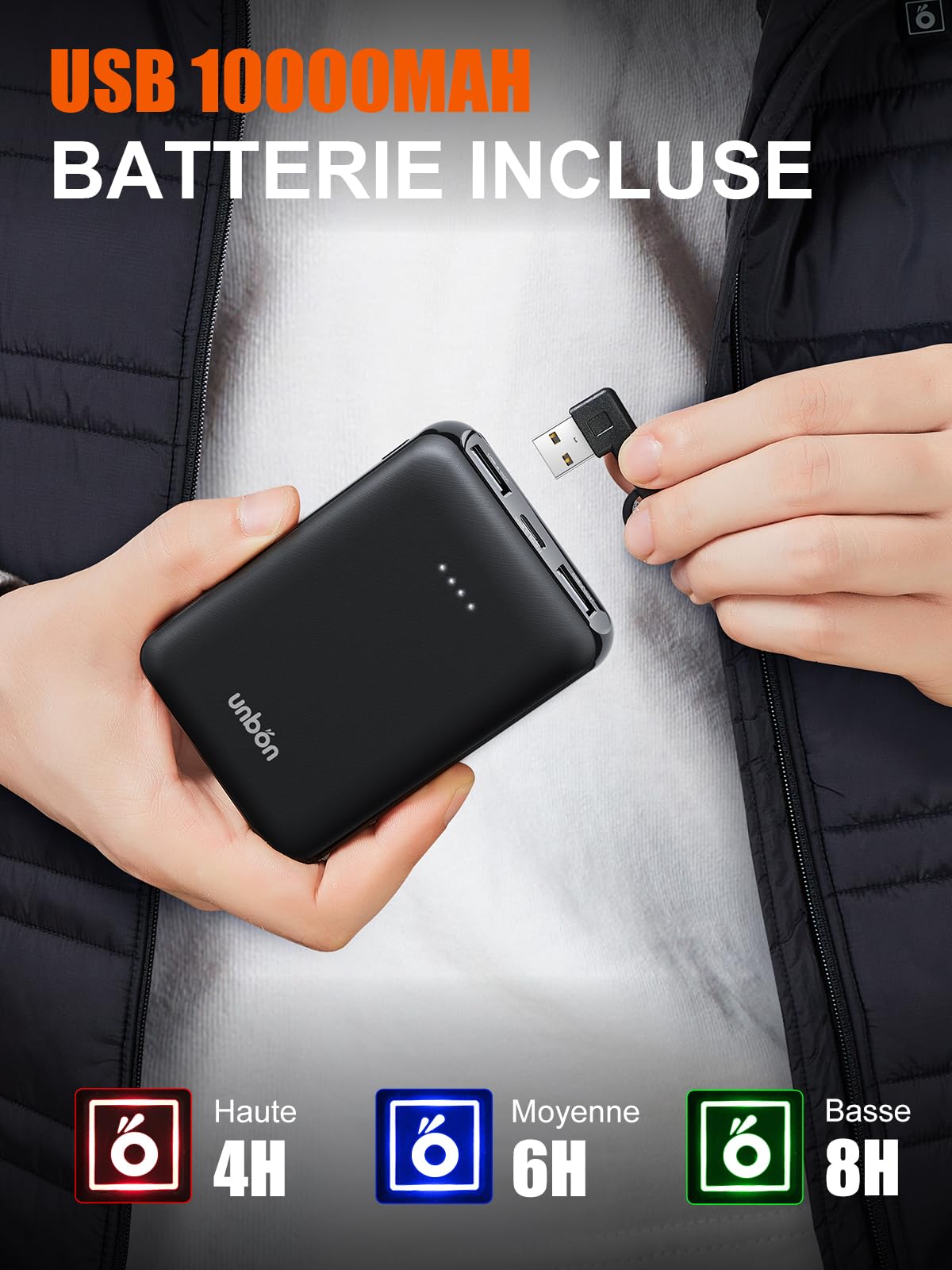 UNBON Gilet Chauffant Homme Femme avec Batterie Incluse 10000mAh, Gilet Chauffant USB Électrique Col V, Veste sans Manche Chauffante avec 3 Chaleurs 5 Zones Chauffage pour Moto Chasse Travail Noir L