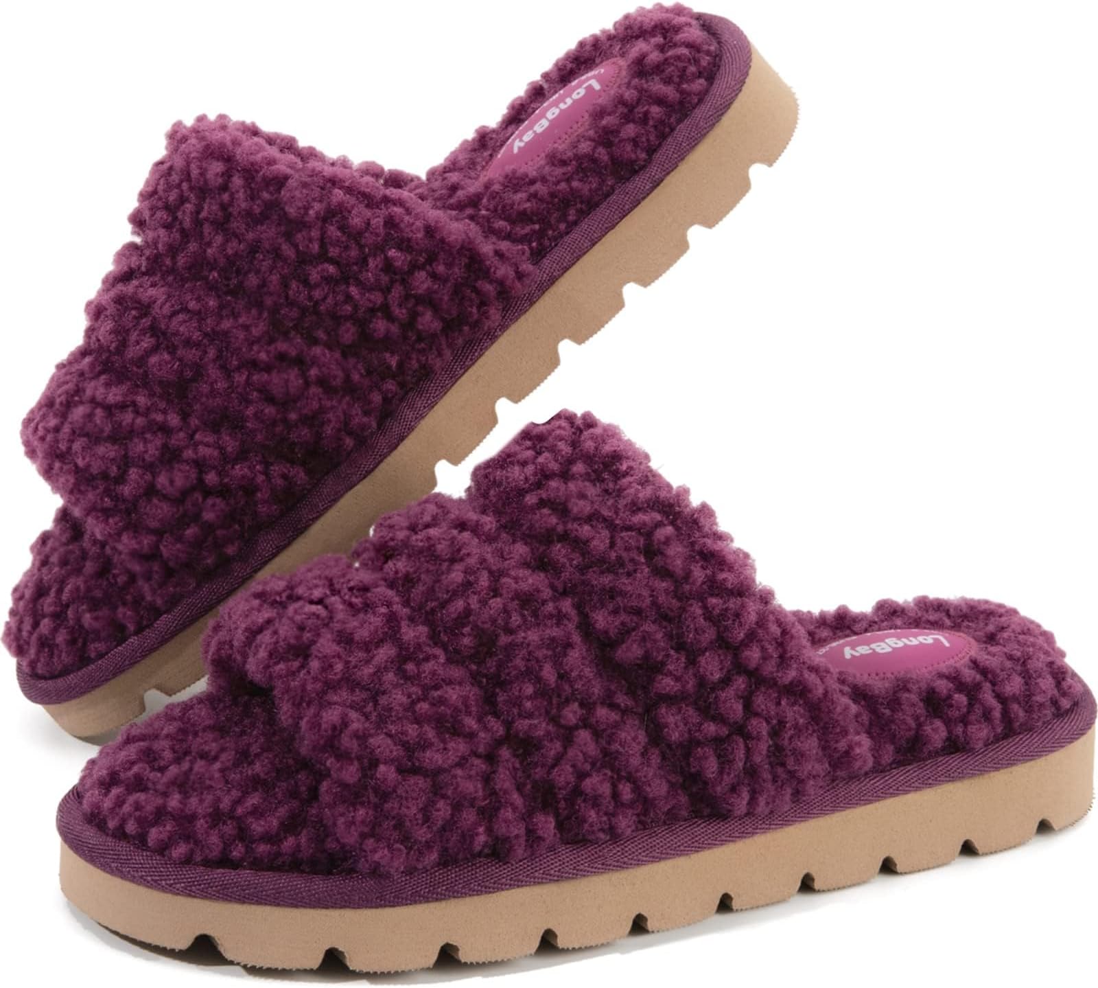 LongBayWomen's Fluffy Slippers Open Toe Ladies Soft Fuzzy Sliders Memory Foam House Shoes