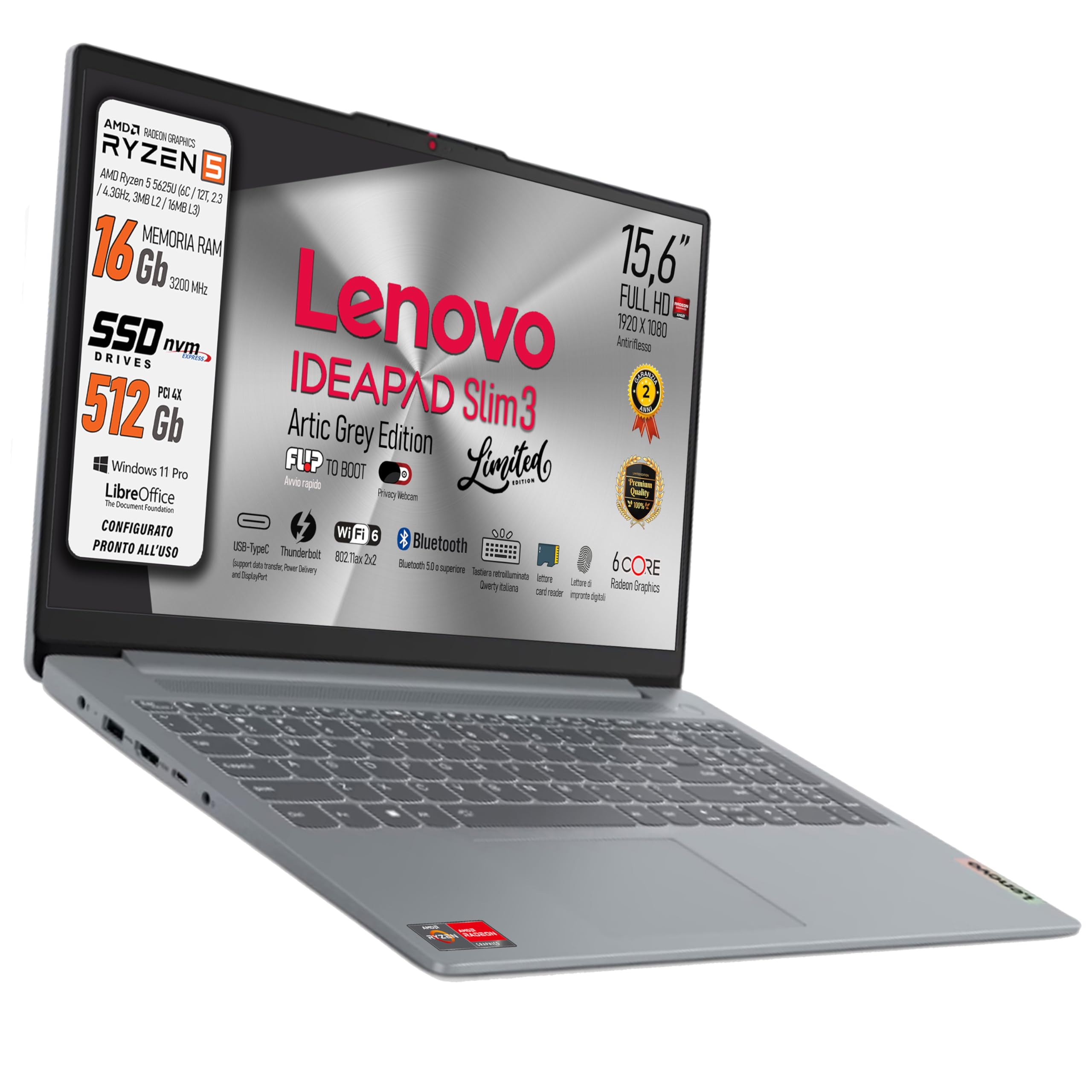 Lenovo, pc portatile Notebook, AMD Ryzen 5 5625U, 6 Core, Ram 16Gb, Display FHD IPS 15,6", SSD Nvme 512Gb, Wi-Fi 6, Bt, fingerprint, USB type-c, Tastiera retroilluminata, Win11 Pro, Pronto all'Uso