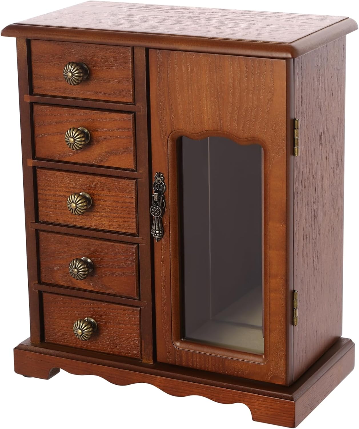 Wooden Jewelry Organizer Box, Cabinet Type Double Door Built-in Velvet & Mirror Desktop Jewelry Holder Storage Case for Women Gift (5 Drawers - Brown)