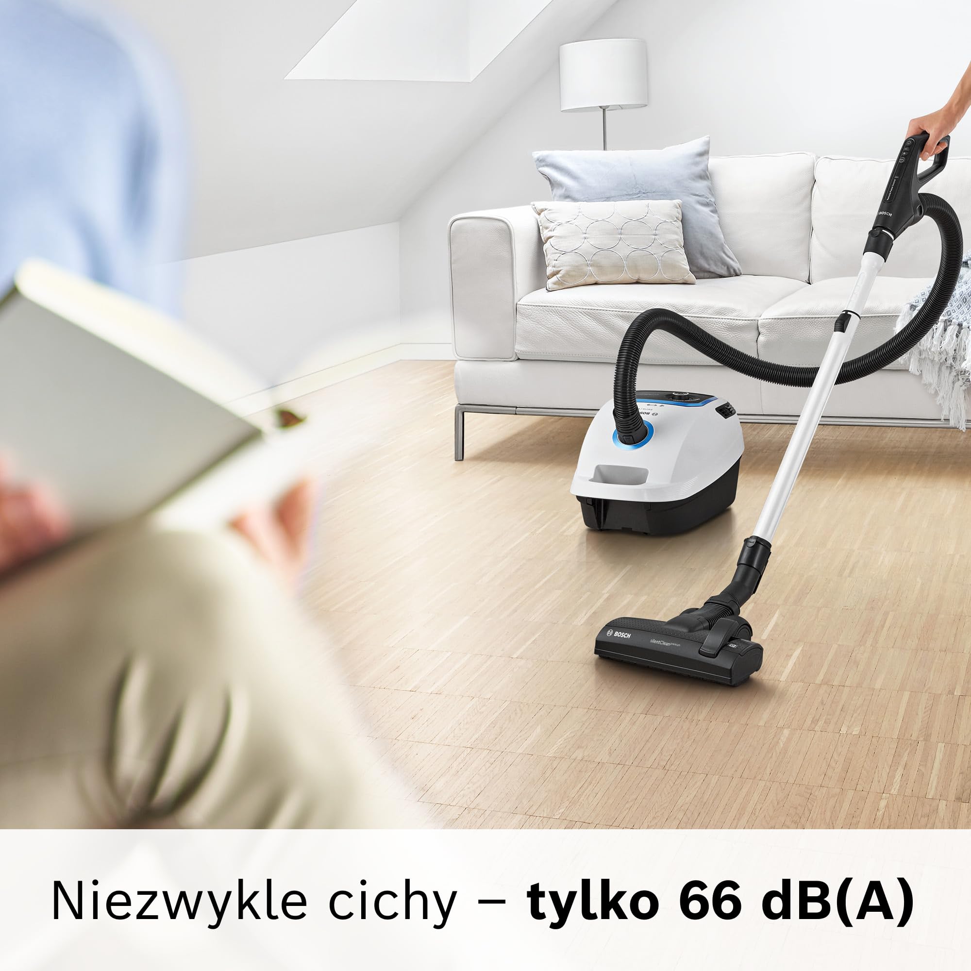 Bosch, odkurzacz workowy, cylindryczny, BGB6SIL1, 66 dB(A), filtr higieniczny HEPA, 10-letnia gwarancja na silnik, mocny, biały