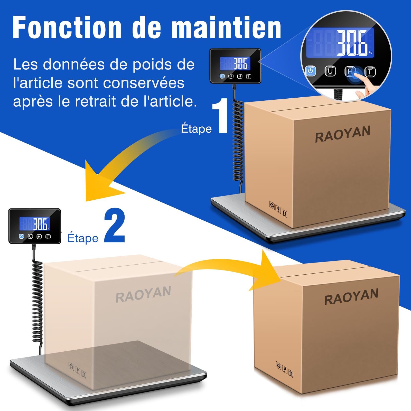 Balance Colis 300kg avec Haute Précision 20g, Pèse Colis Professionnel, Grand Écran LCD, Fonction Tarage, Alimentation sur Batterie ou Rechargeable, Idéale pour Expédition Entrepôt Commerce