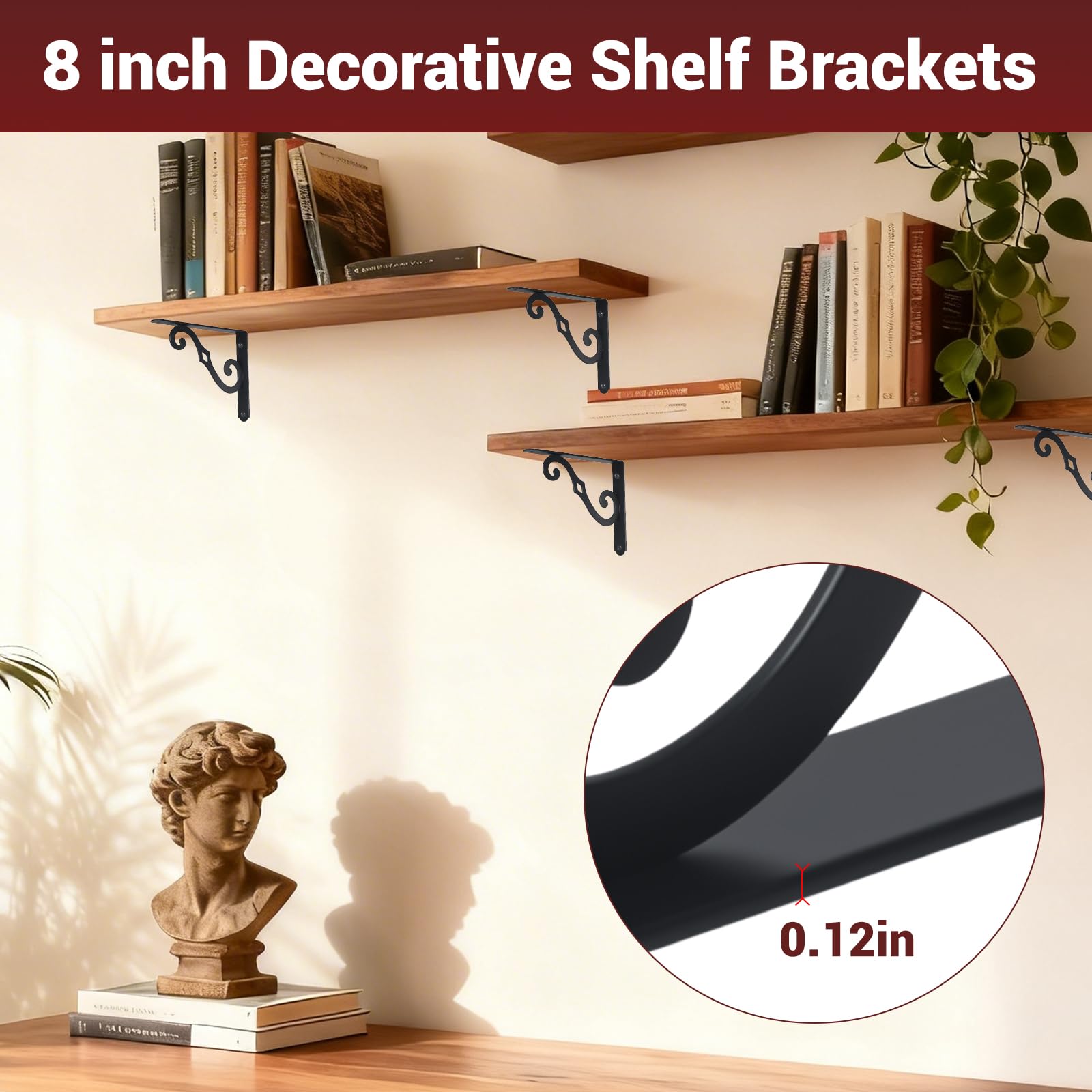HOME MASTER HARDWARE Paquete de 10 soportes decorativos para estante flotante de 8 pulgadas para montar en la pared para estanterías abiertas en forma de L, soporte de esquina de metal de hierro