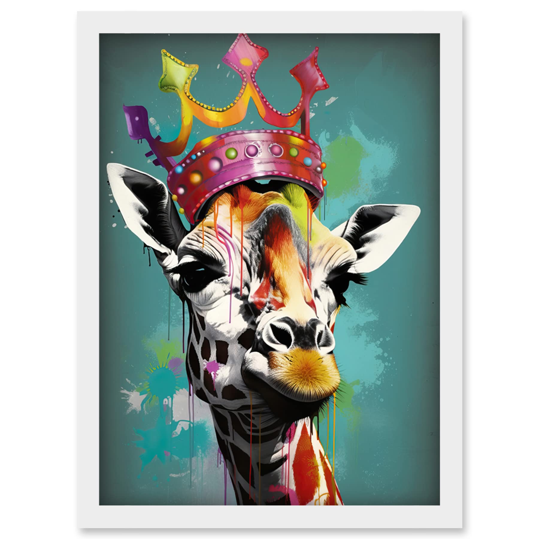 Artery8 Giraffe Wearing Rainbow Crown Pop Art Framed Wall Art Print A4